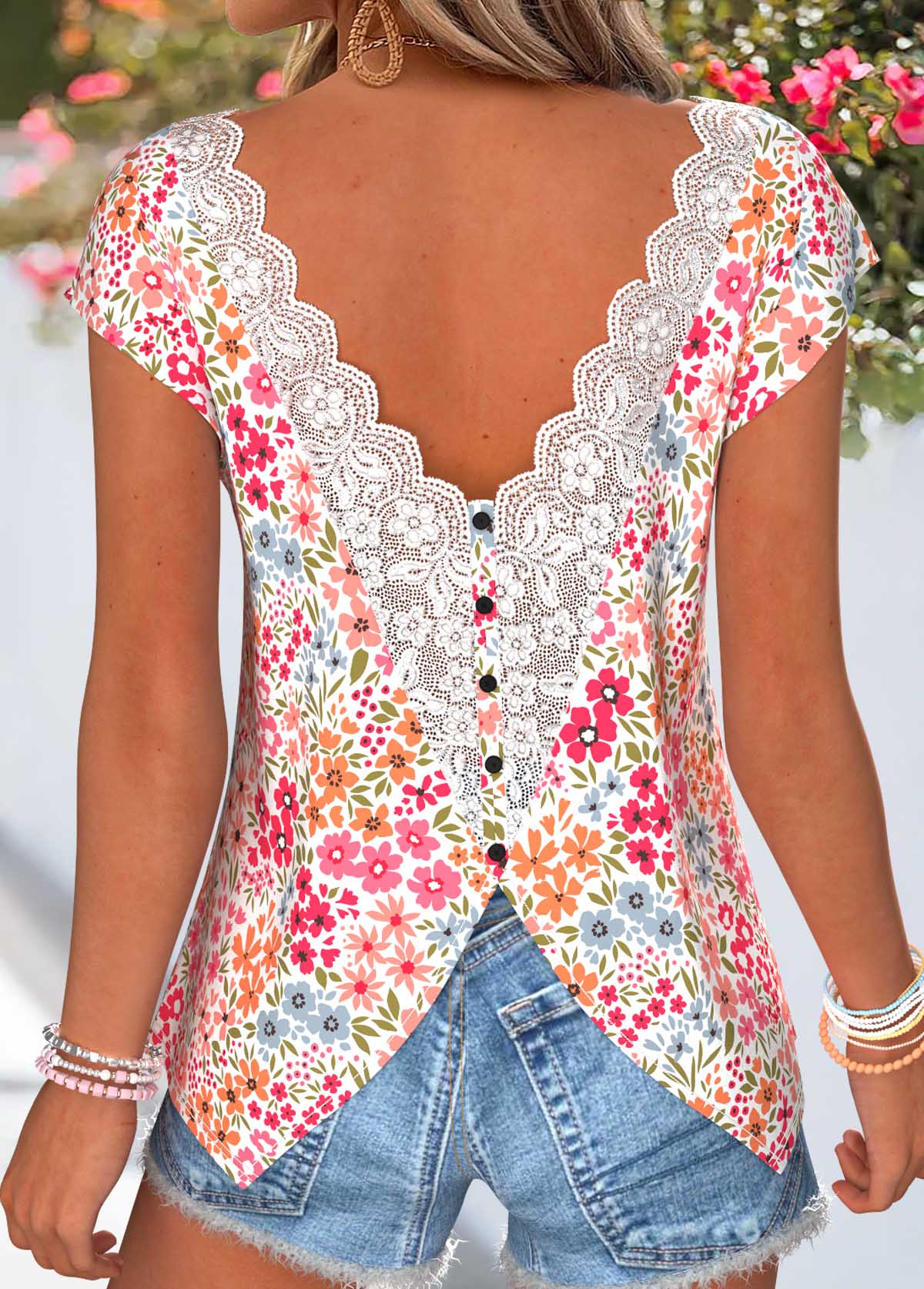 Pink Floral Print Tummy Coverage Short Sleeve T Shirt | picture 