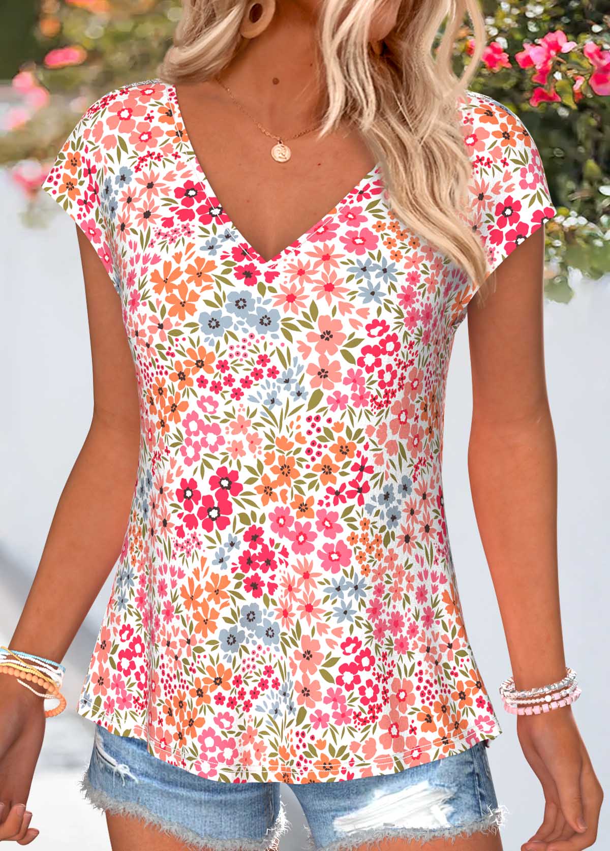 Pink Floral Print Tummy Coverage Short Sleeve T Shirt | picture 