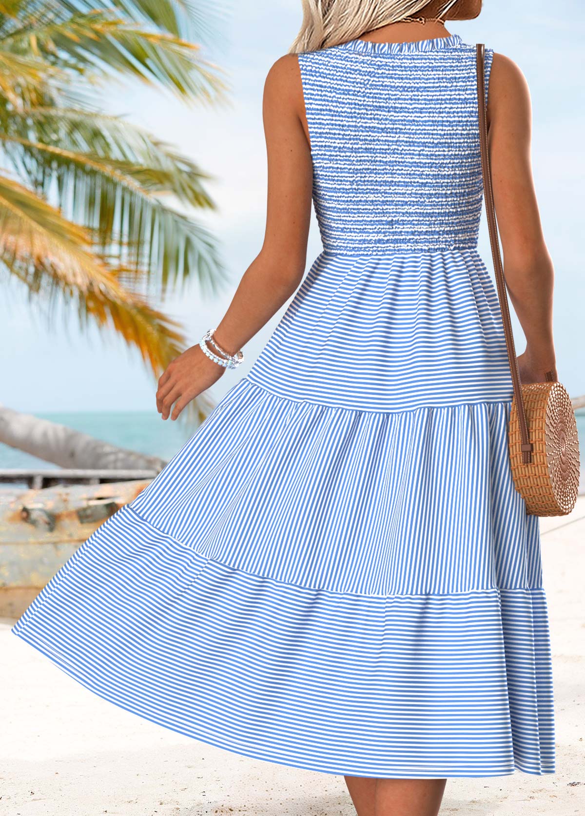 Light Blue Striped Tummy Coverage Sleeveless Round Neck Dress | picture 