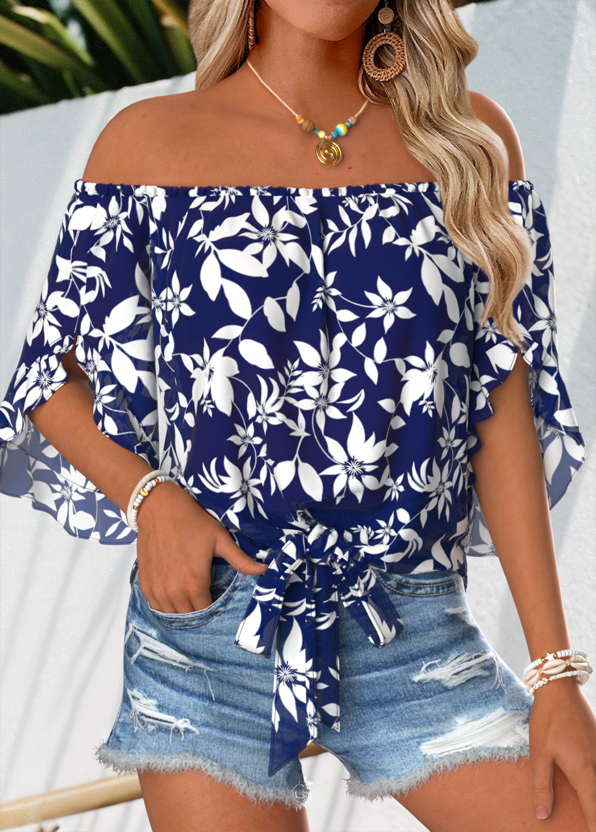 Navy Floral Print Tie Half Sleeve Off Shoulder Blouse | picture 