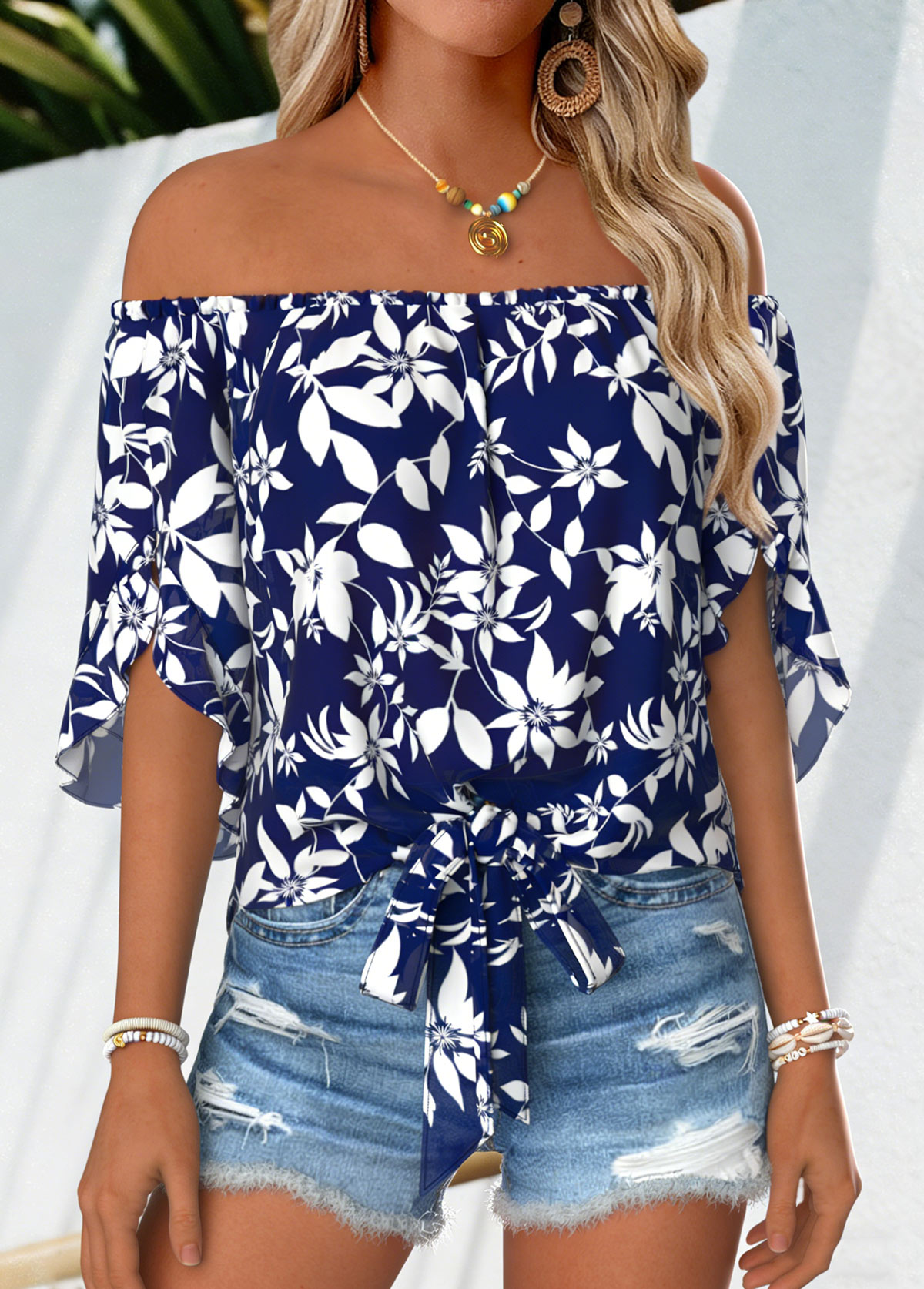 Navy Floral Print Tie Half Sleeve Off Shoulder Blouse | picture 