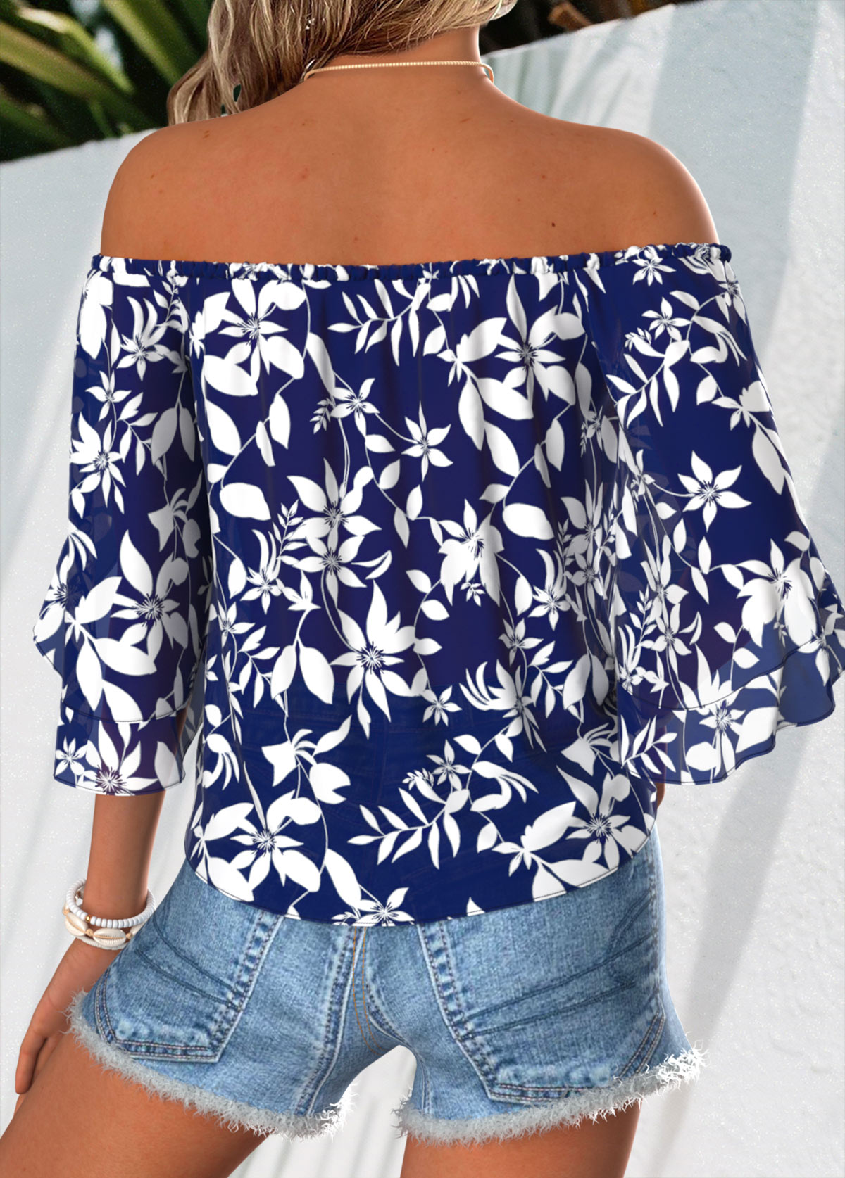 Navy Floral Print Tie Half Sleeve Off Shoulder Blouse | picture 