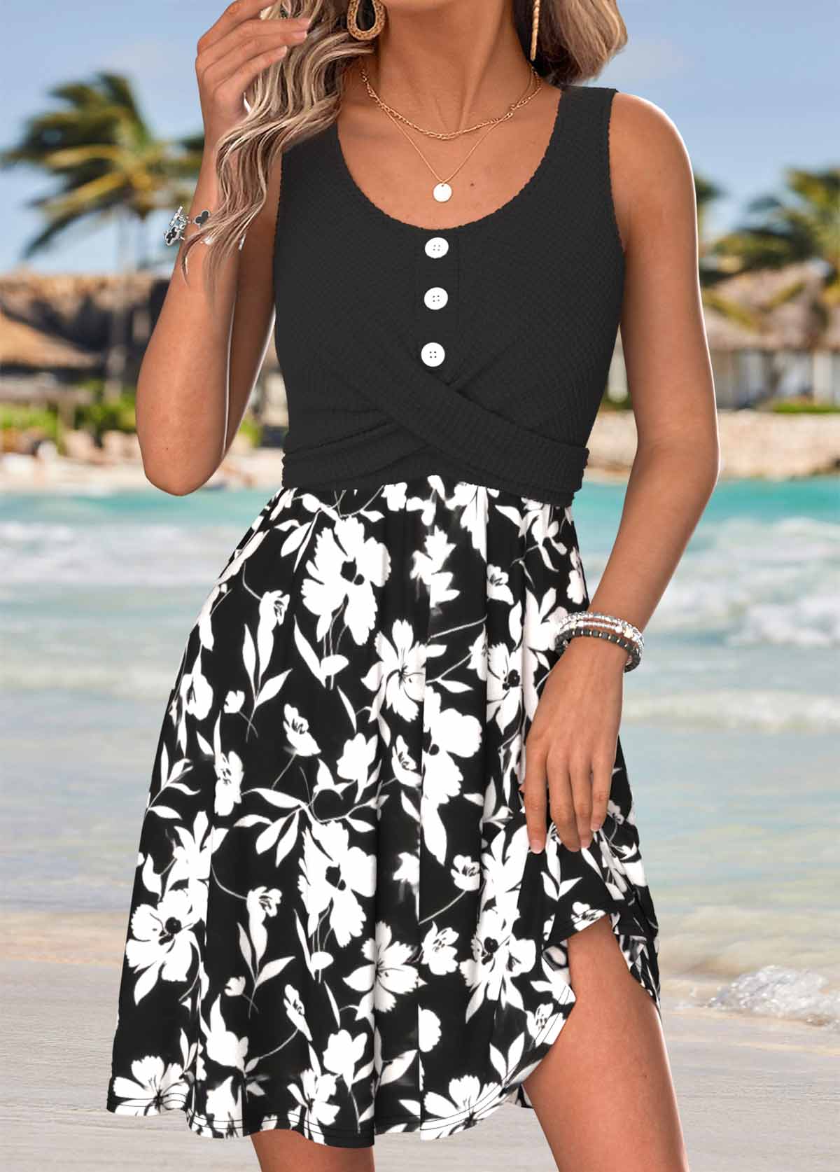 Black Floral Print Short Tummy Coverage Sleeveless Dress | picture 