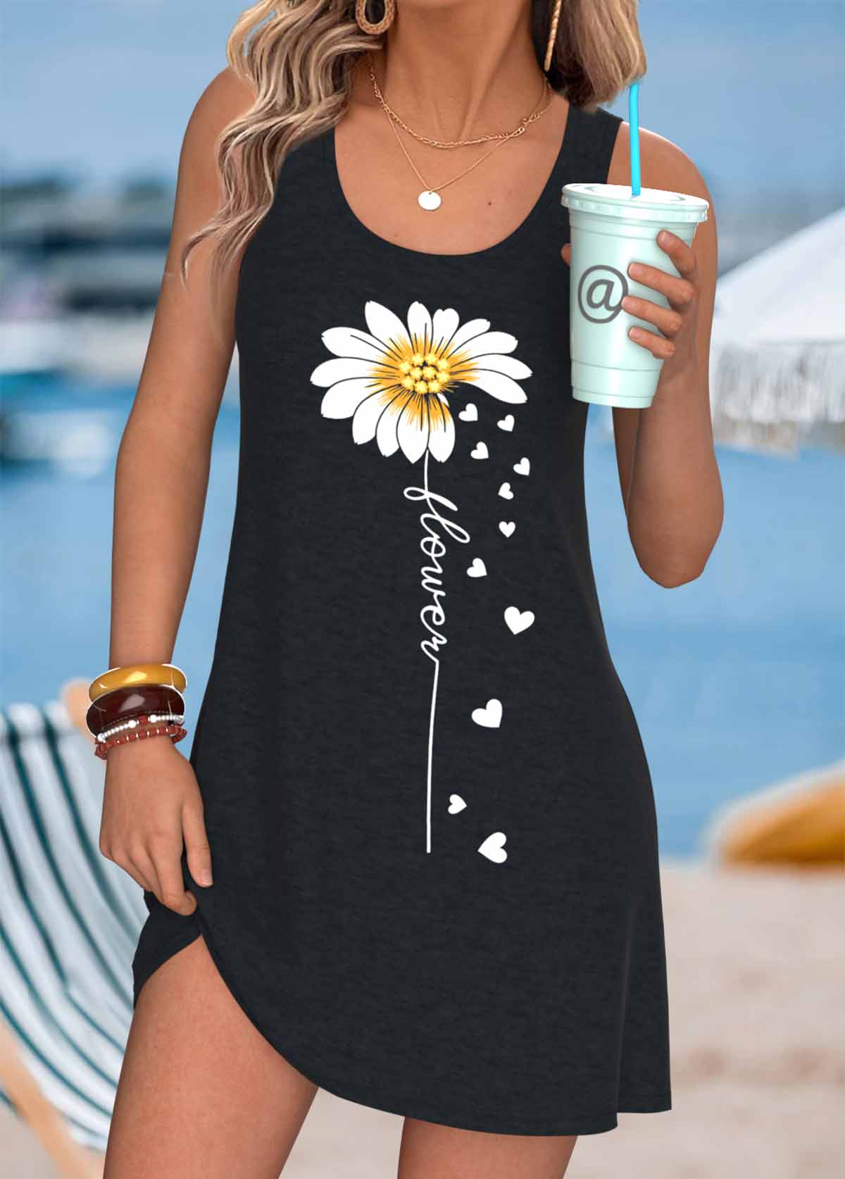 Black Daisy Print Short Tummy Coverage Sleeveless Dress | picture 