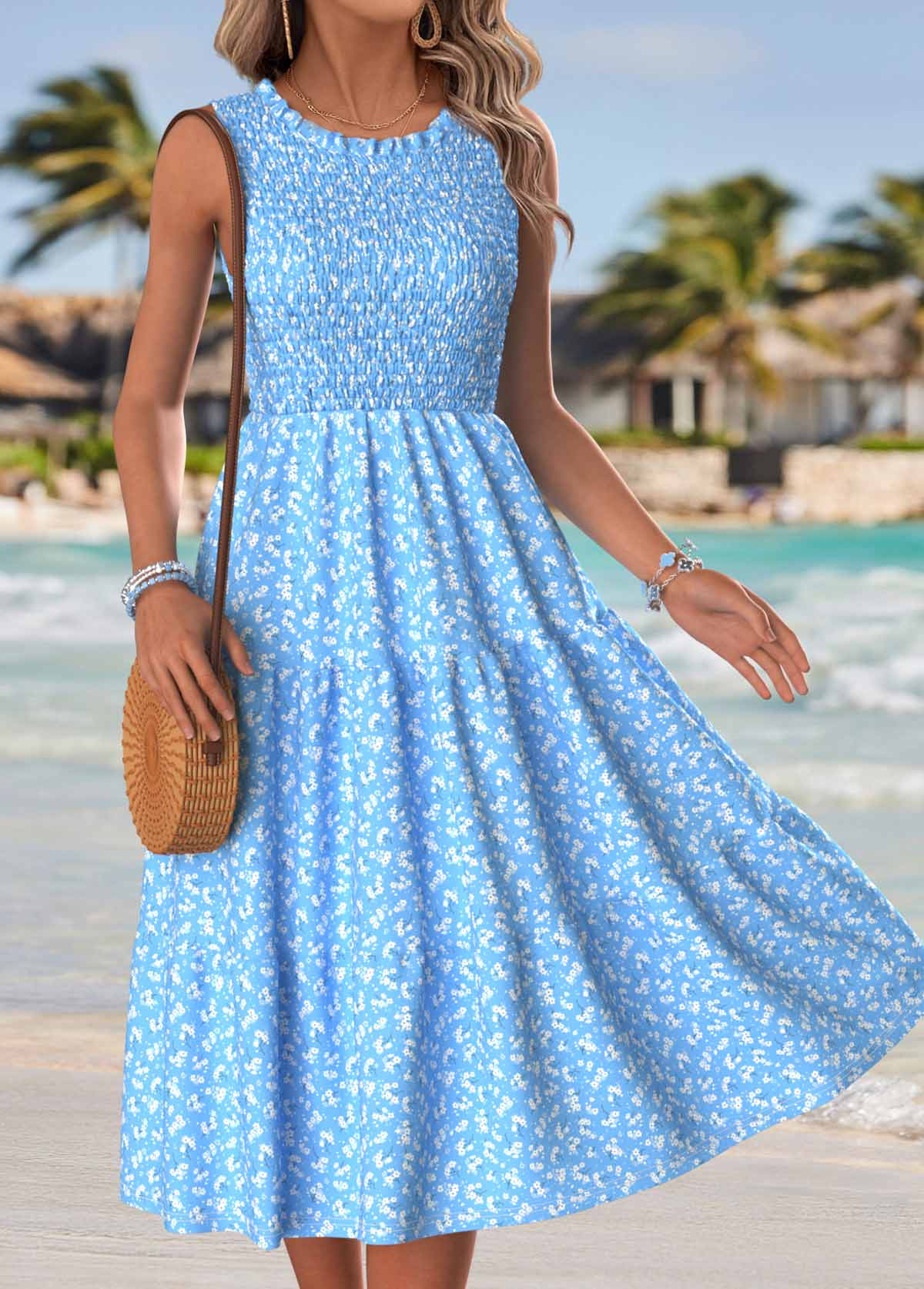 Light Blue Ditsy Floral Print Tummy Coverage Sleeveless Dress | picture 