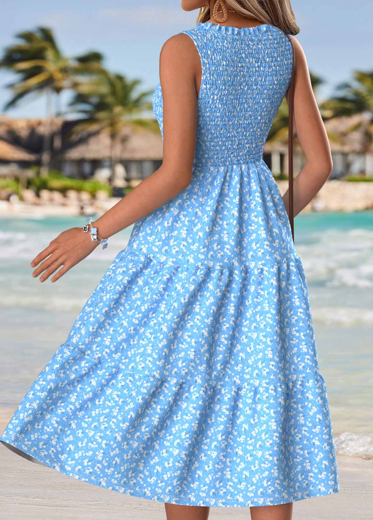 Light Blue Ditsy Floral Print Tummy Coverage Sleeveless Dress | picture 