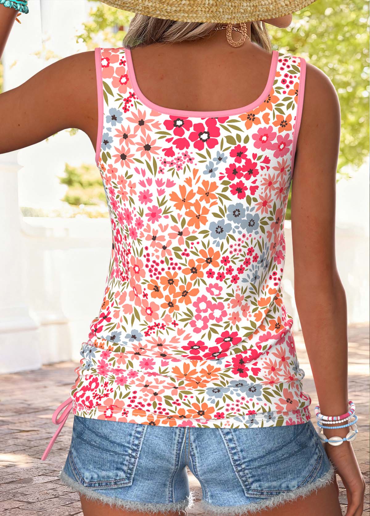 Pink Floral Print Button Sleeveless Square Neck Tank Top | picture 