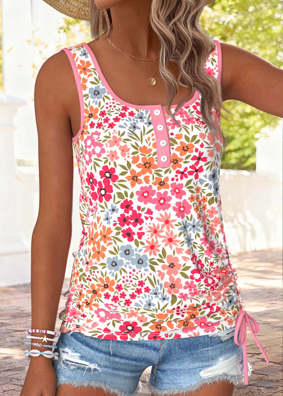 Pink Floral Print Button Sleeveless Square Neck Tank Top | picture 