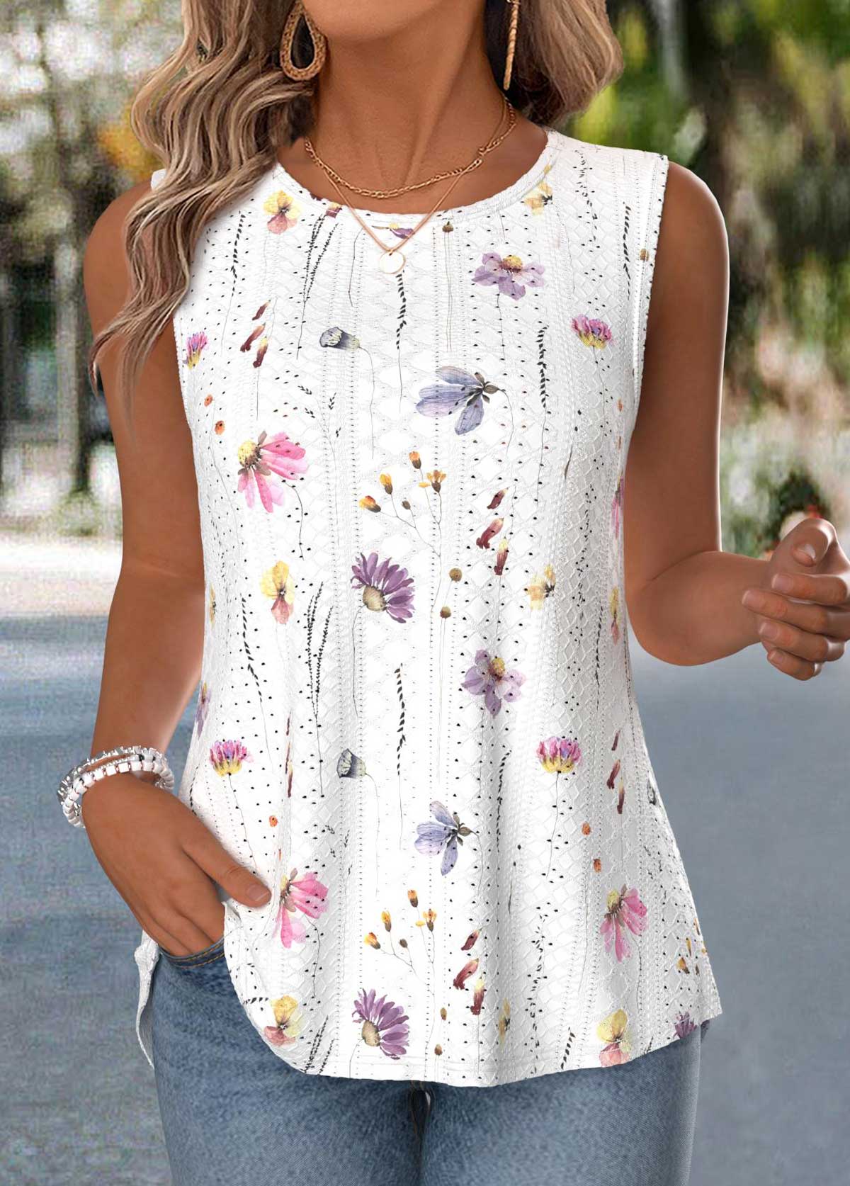Raw White Floral Print Tummy Coverage Sleeveless Tank Top | picture 