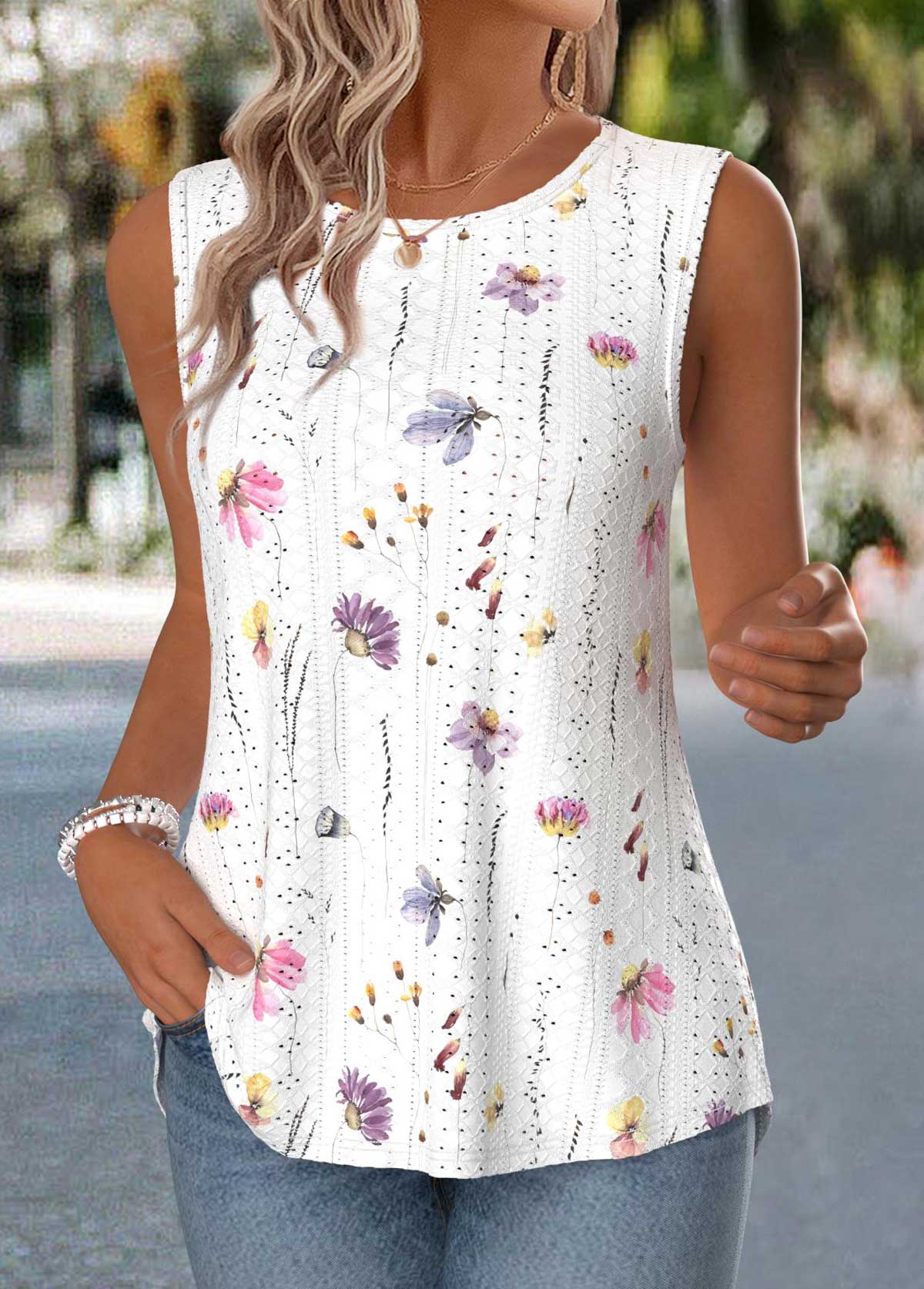 Raw White Floral Print Tummy Coverage Sleeveless Tank Top | picture 