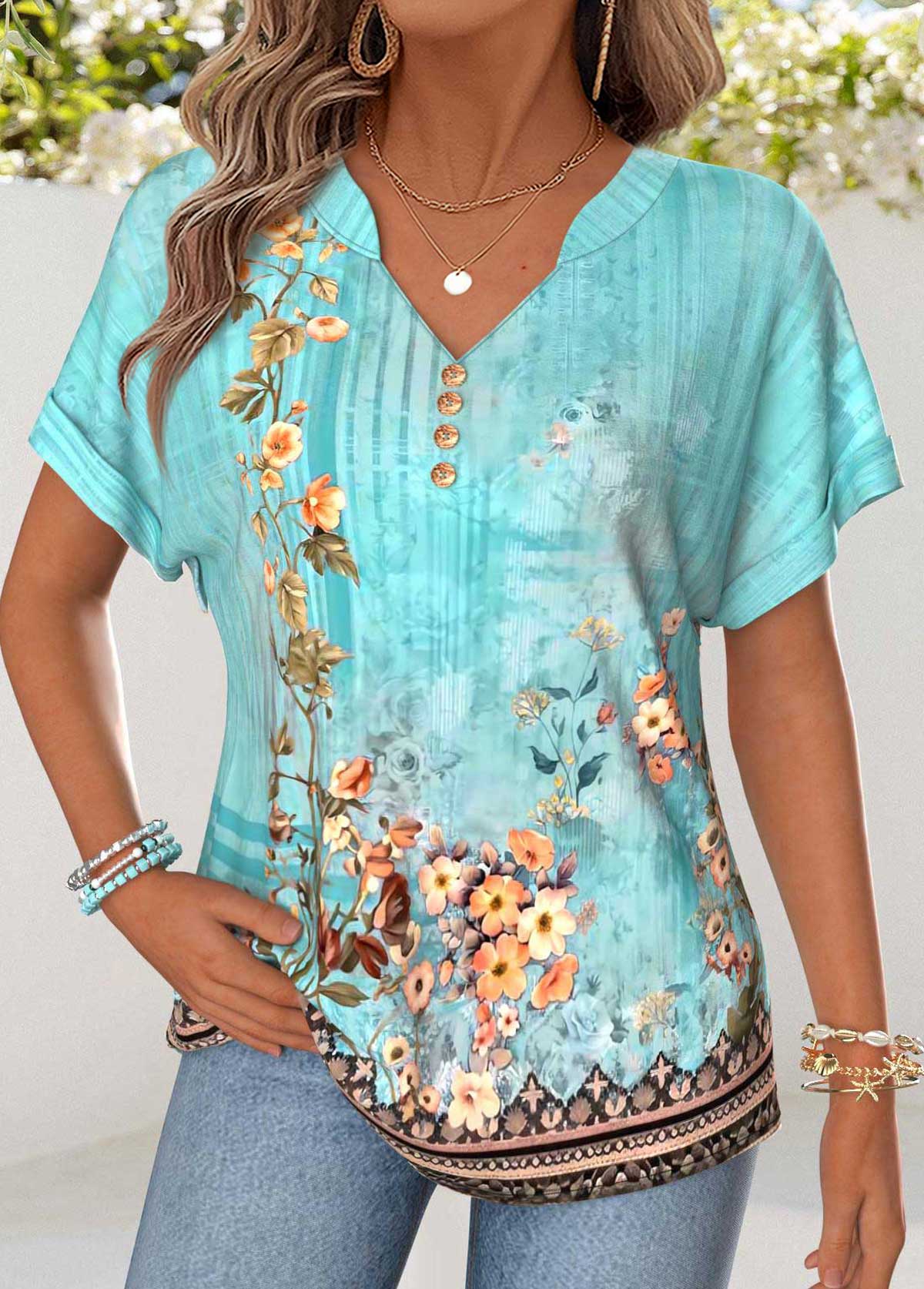 Mint Green Random Floral Print Tummy Coverage T Shirt | picture 