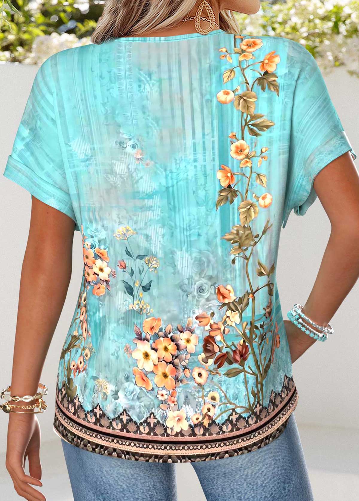 Mint Green Random Floral Print Tummy Coverage T Shirt | picture 