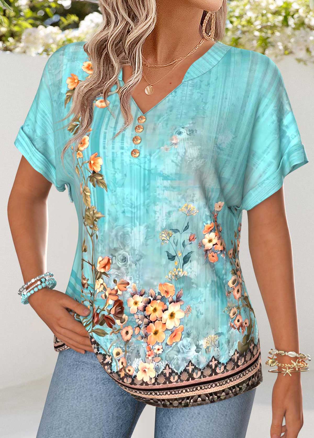 Mint Green Random Floral Print Tummy Coverage T Shirt | picture 