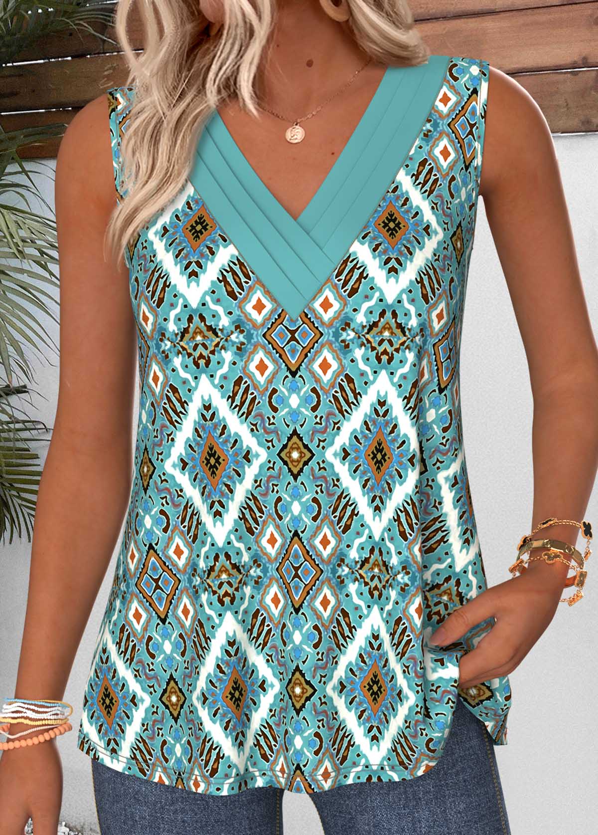 Cyan Tribal Print Patchwork Sleeveless V Neck Tank Top | picture 