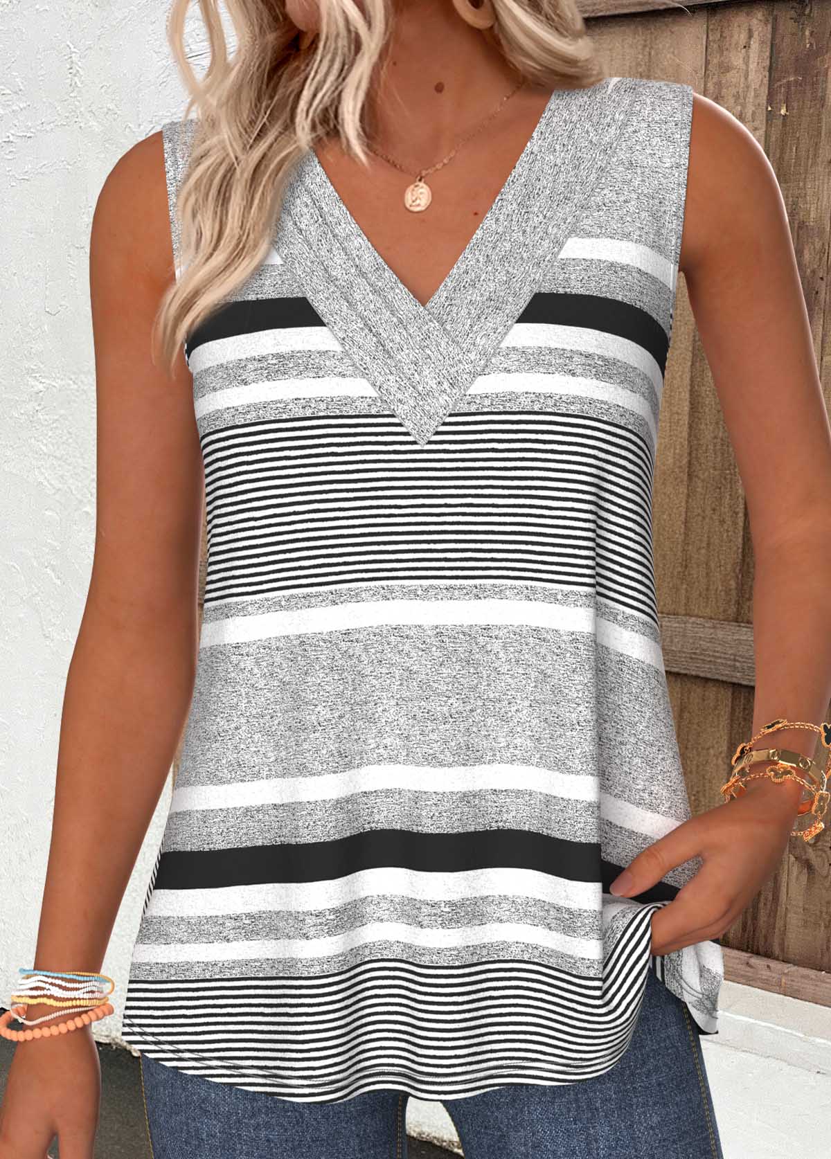 Light Grey Striped Tummy Coverage Sleeveless Tank Top | picture 