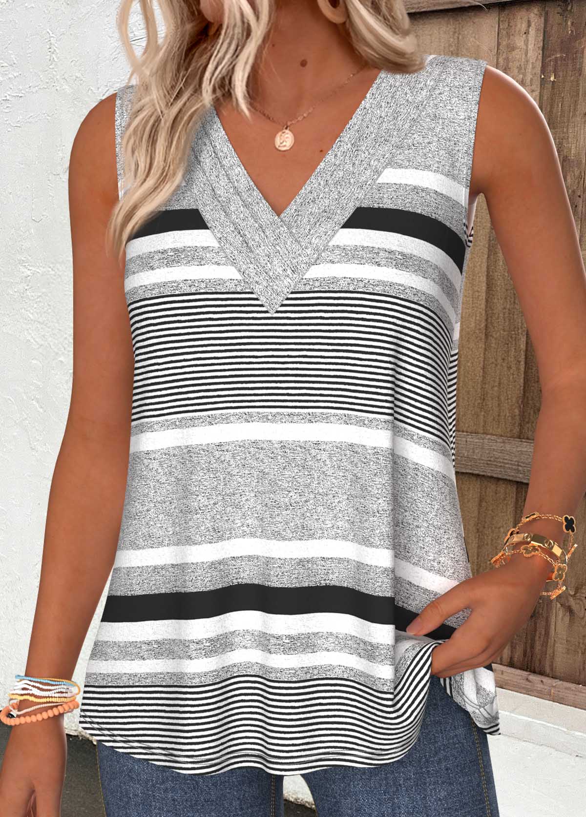 Light Grey Striped Tummy Coverage Sleeveless Tank Top | picture 