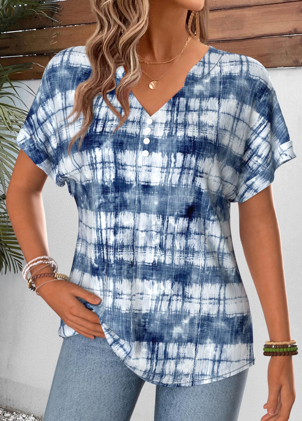 Blue Tie Dye Print Tummy Coverage T Shirt | picture 