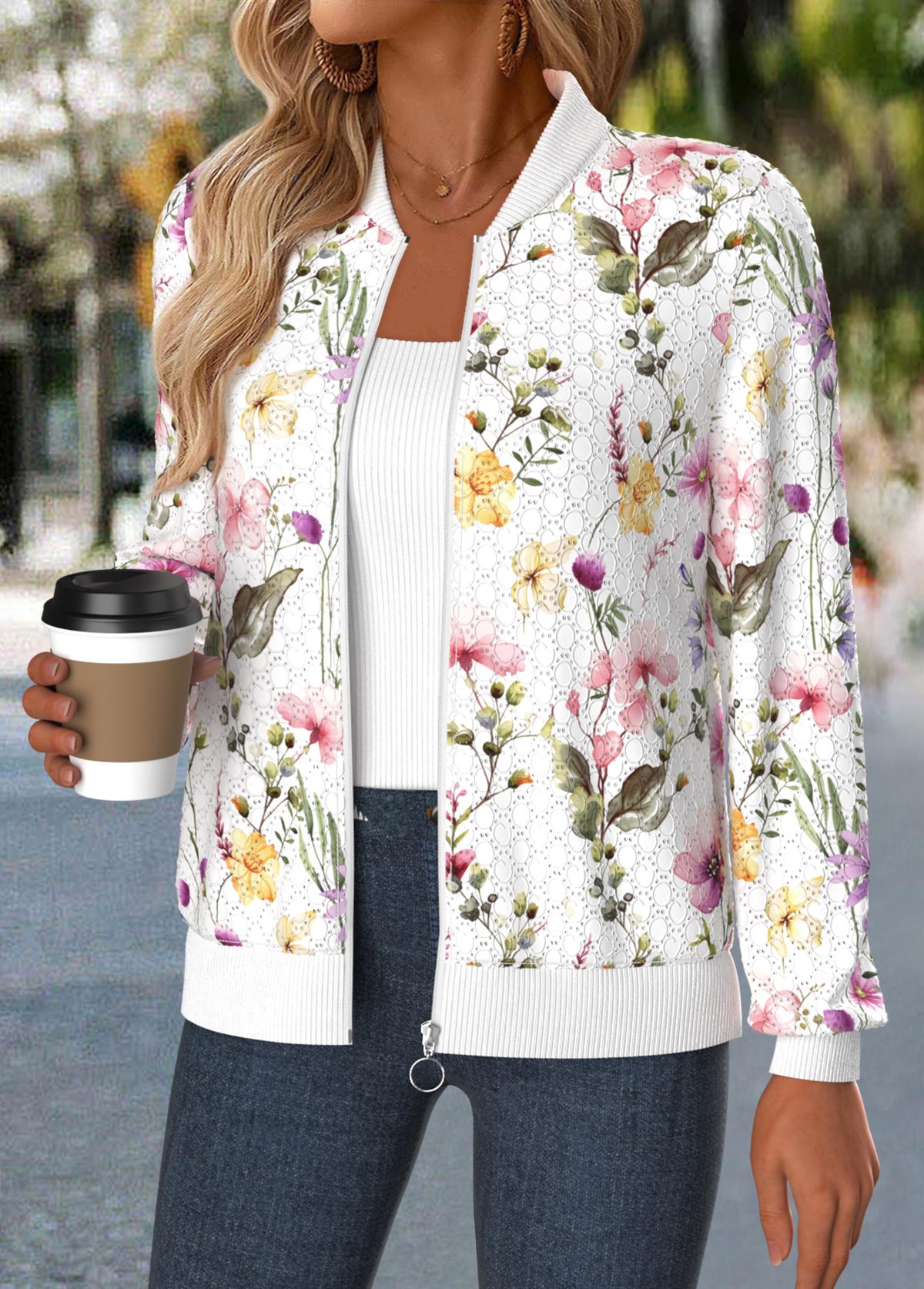 Multi Color Tummy Coverage Floral Print Track Jacket | picture 