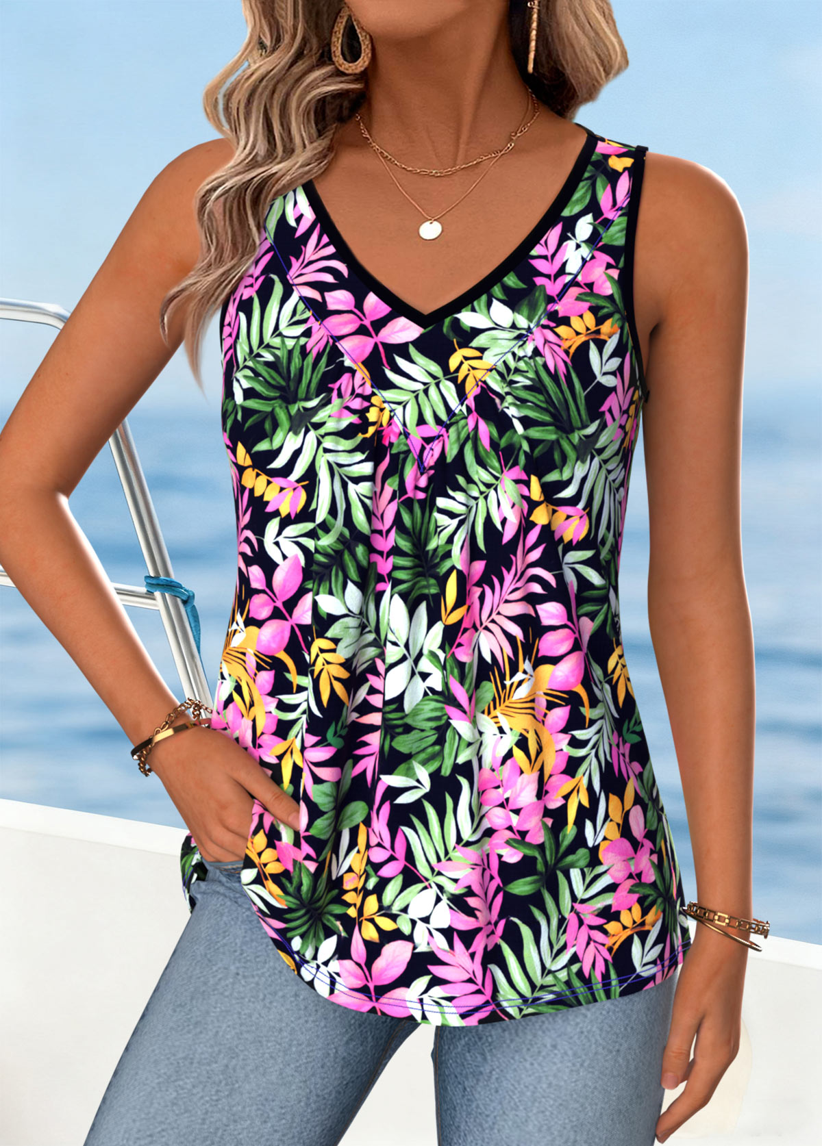 Multi Color Floral Print Tummy Coverage Sleeveless Tank Top | picture 