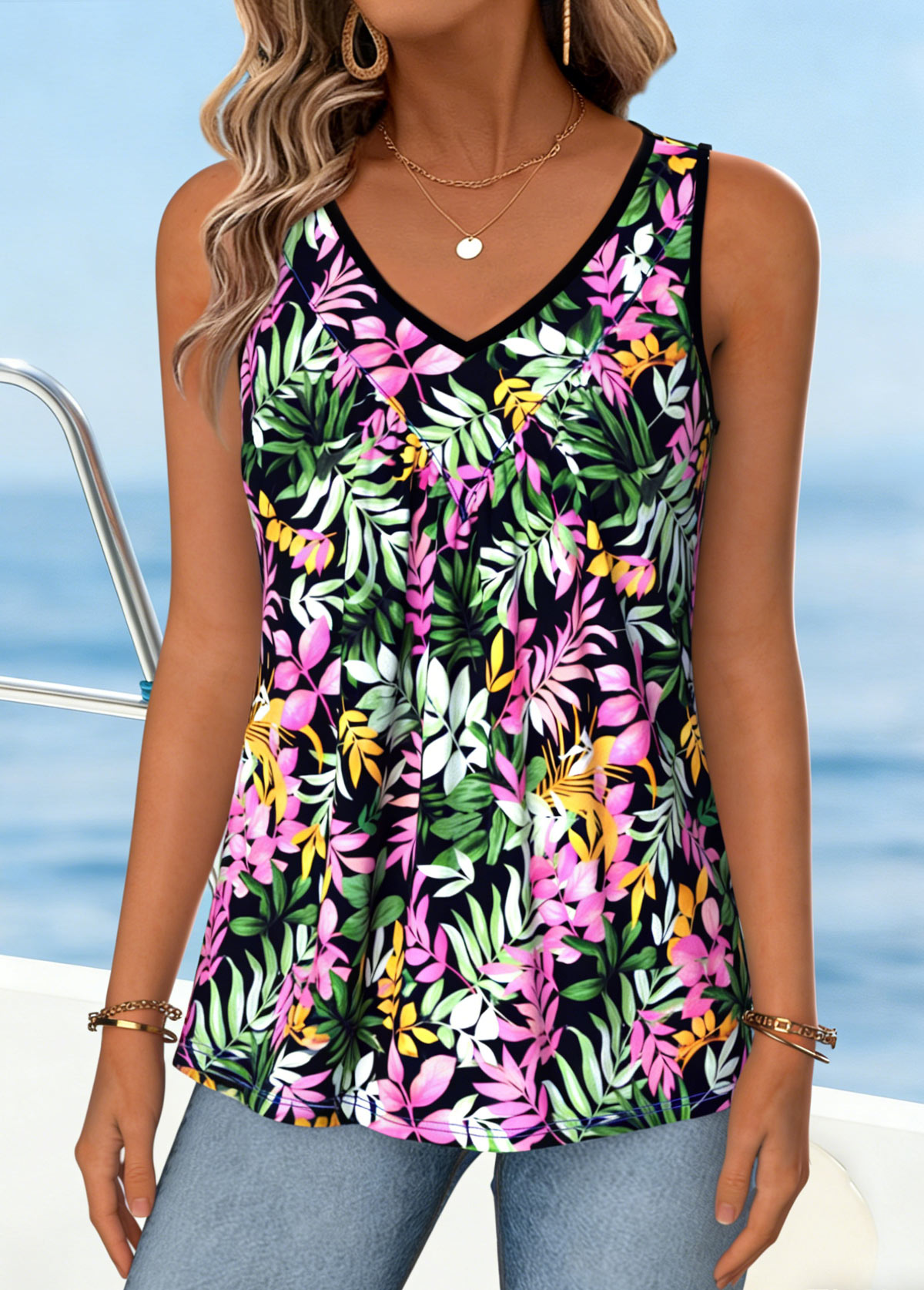Multi Color Floral Print Tummy Coverage Sleeveless Tank Top | picture 