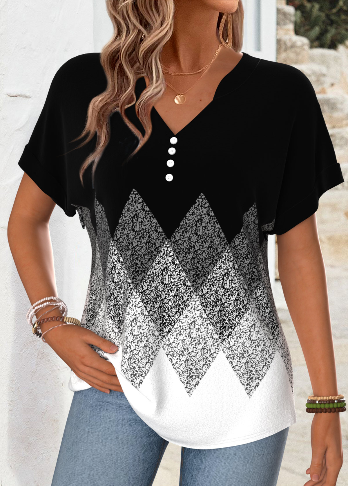 Black Geometric Print Tummy Coverage Short Sleeve T Shirt | picture 
