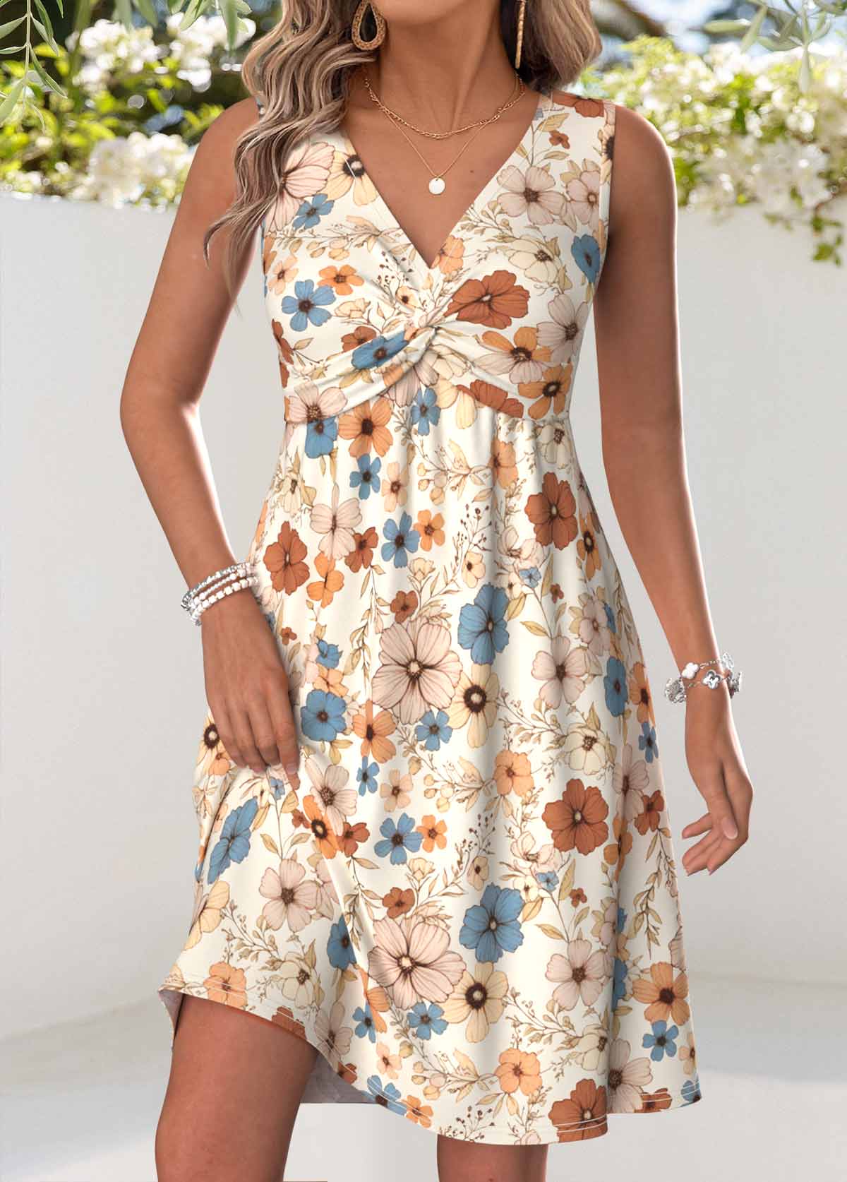 Beige Floral Print Short Tummy Coverage Sleeveless Dress | picture 