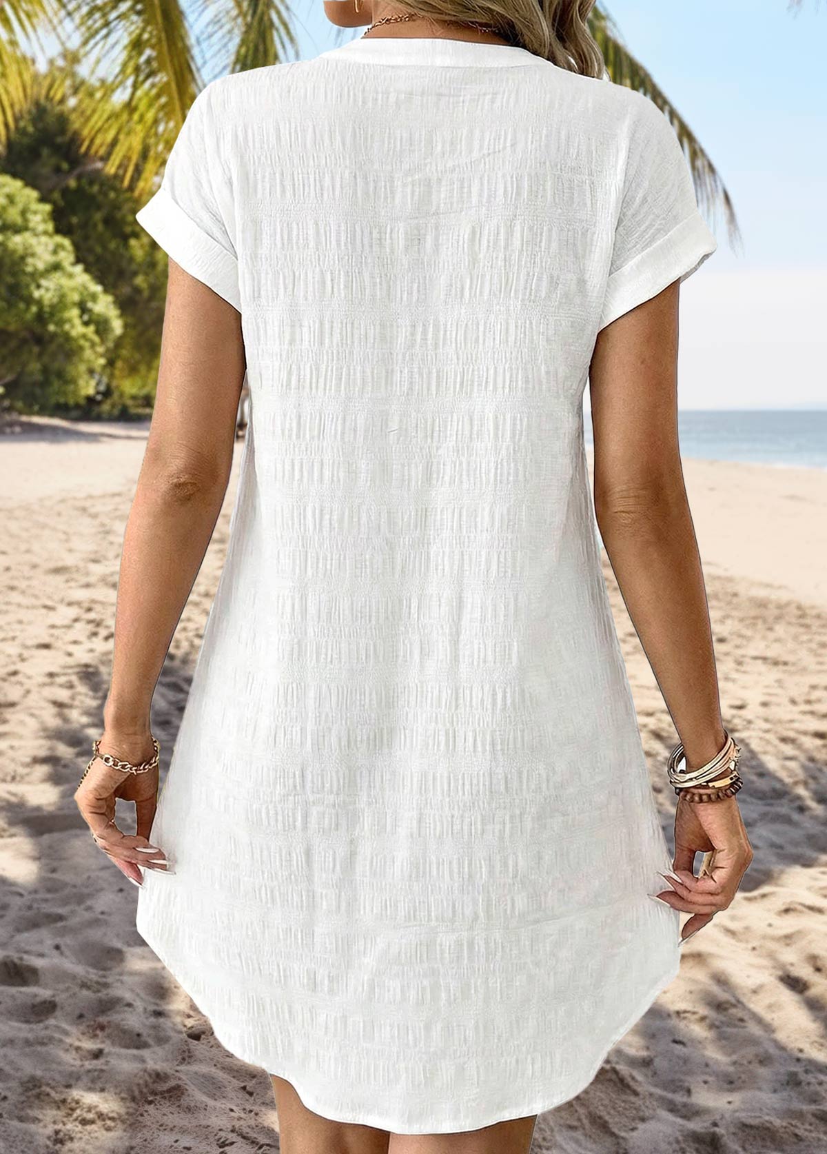 White Tummy Coverage Short Sleeve Split Neck Dress | picture 