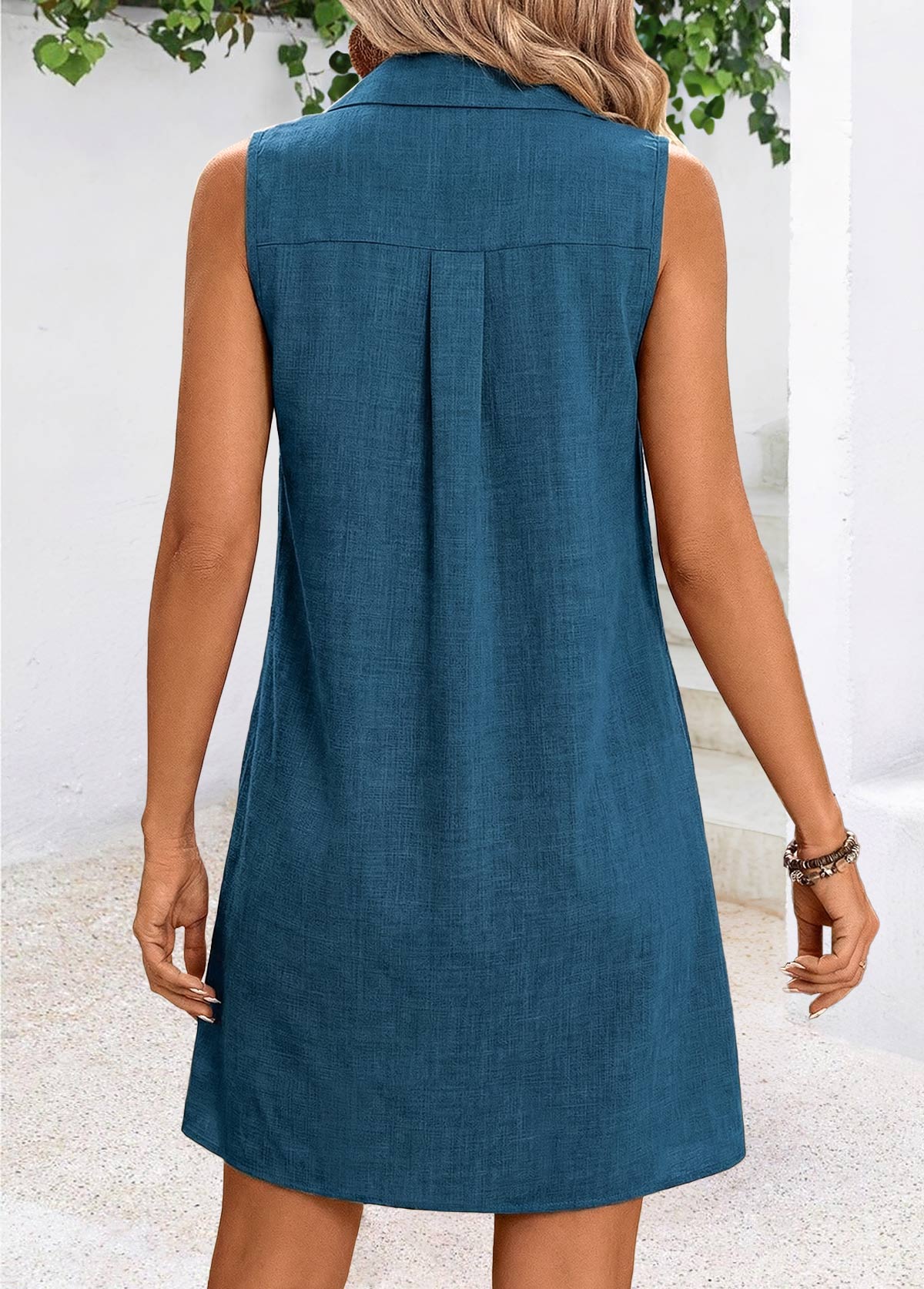 Peacock Blue Short Tummy Coverage Sleeveless Shirt Collar Dress | picture 