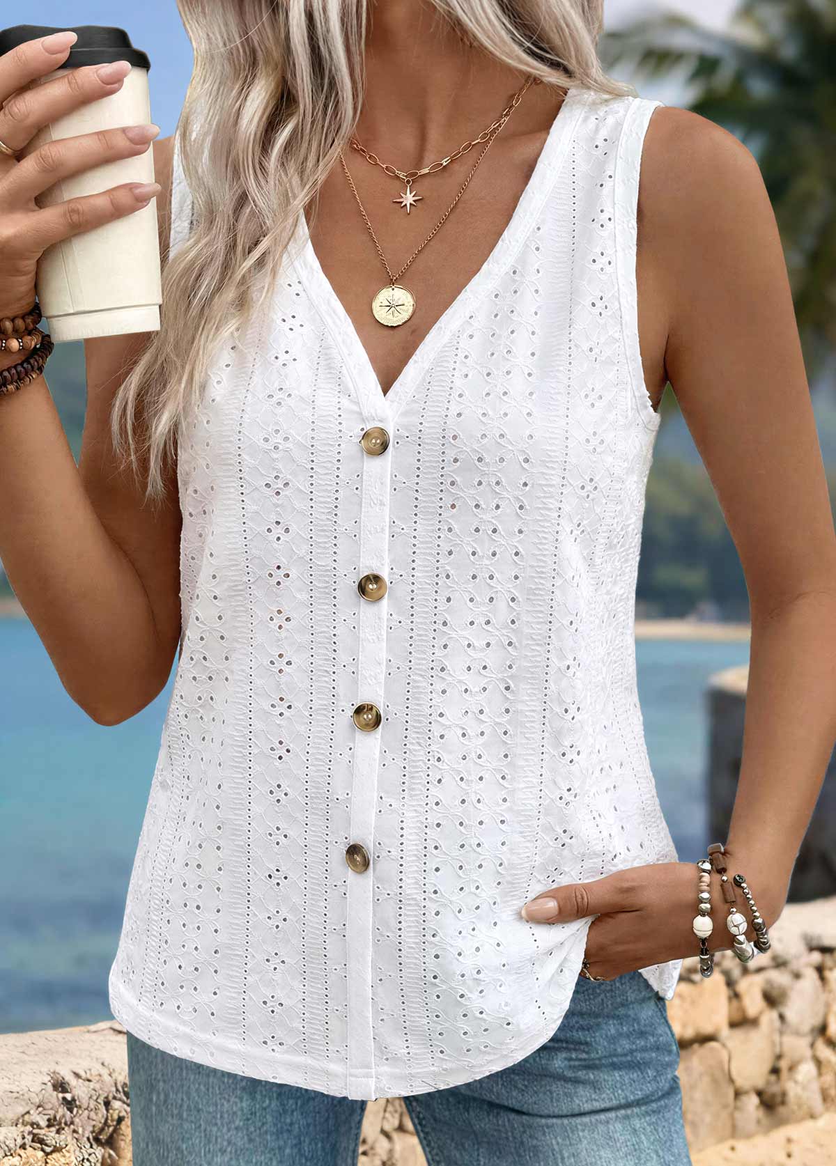 White Button Sleeveless V Neck Tank Top | picture 