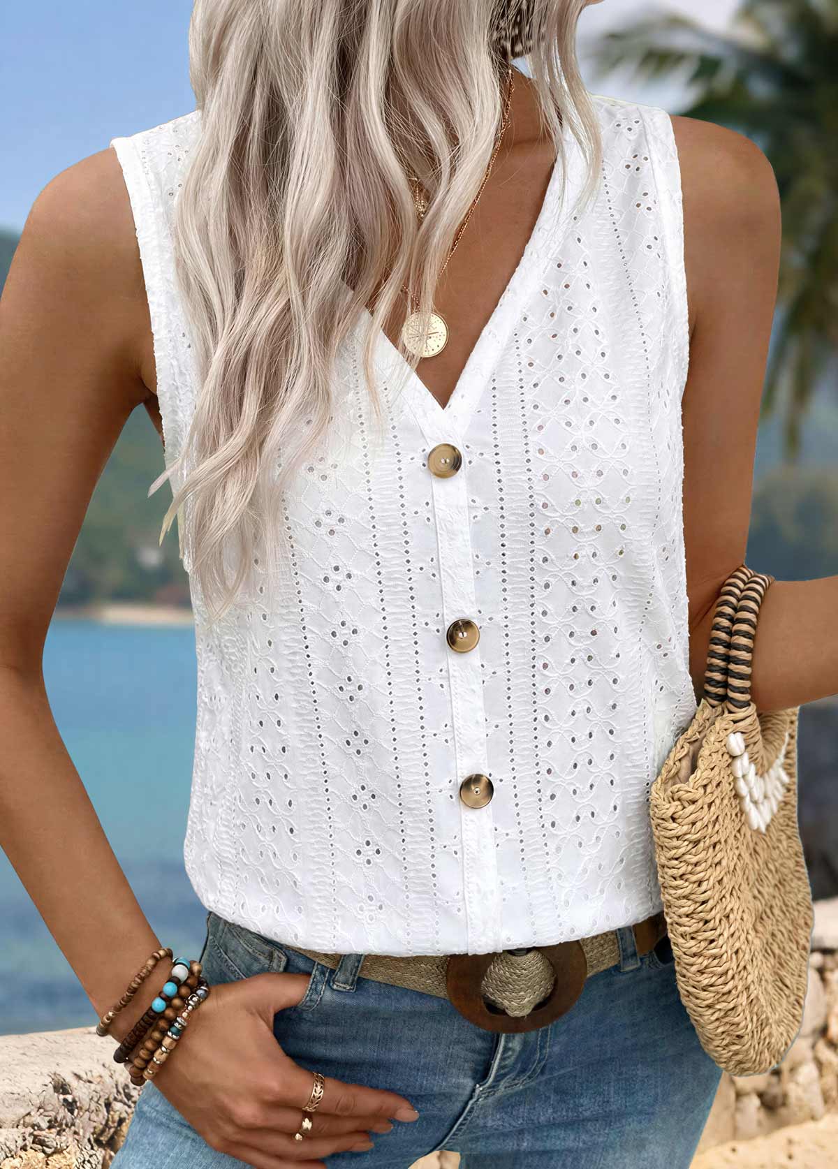 White Button Sleeveless V Neck Tank Top | picture 
