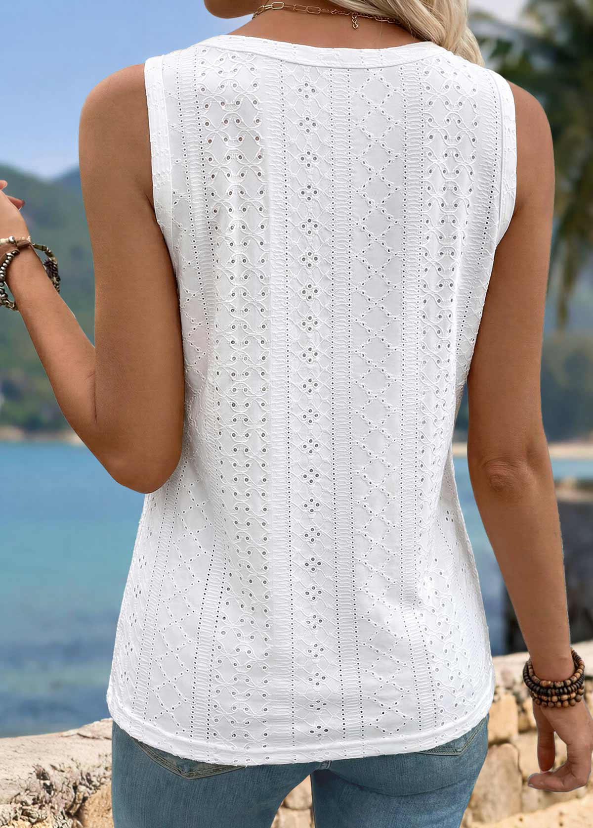 White Button Sleeveless V Neck Tank Top | picture 