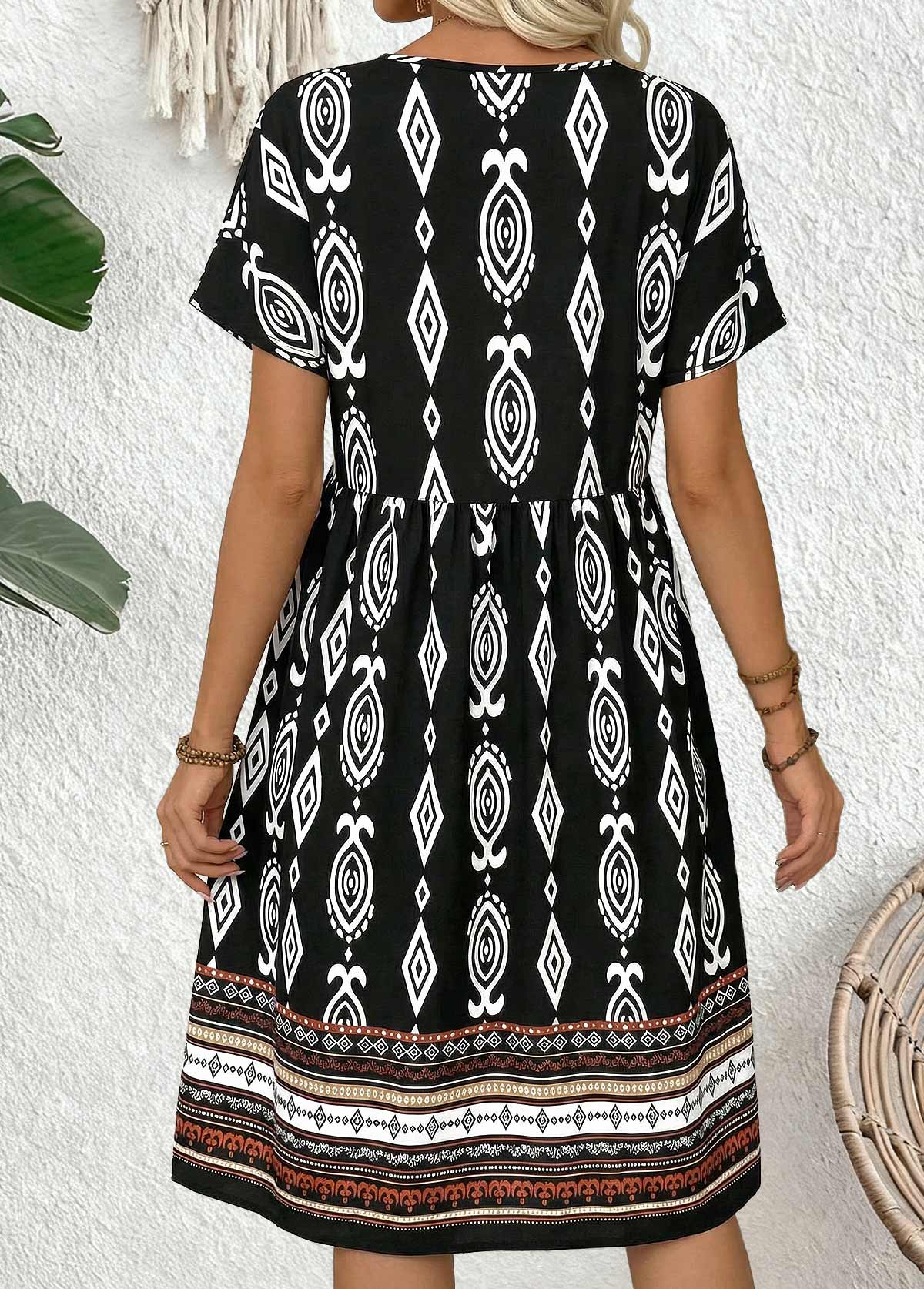 Black Tribal Print Shirred Short Sleeve Round Neck Dress | picture 
