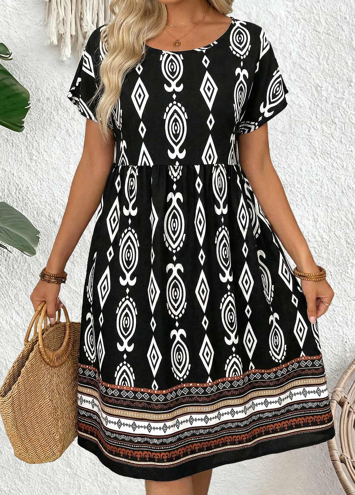 Black Tribal Print Shirred Short Sleeve Round Neck Dress | picture 