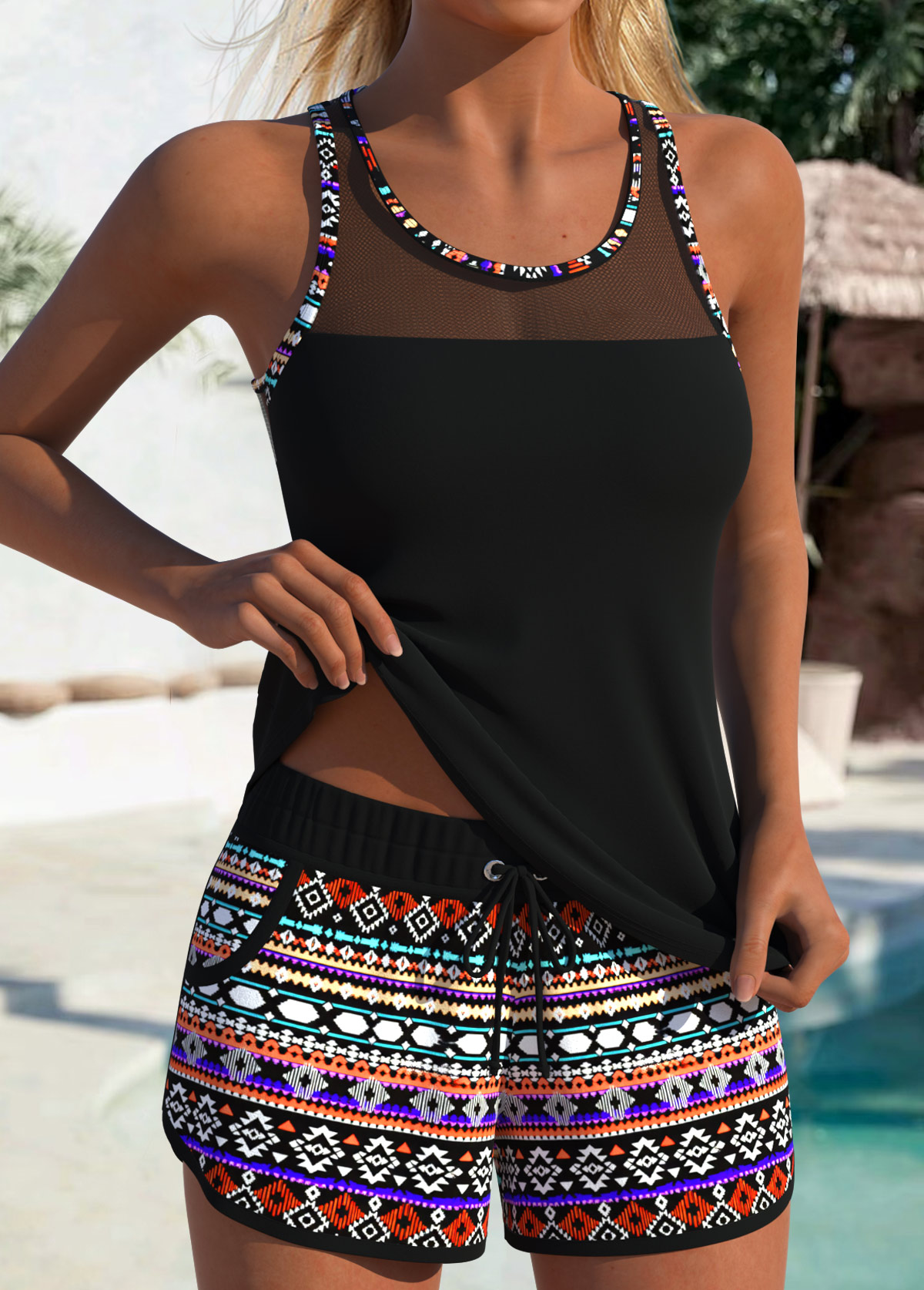 Black Mid Waisted Tummy Coverage Tribal Print Tankini Set | picture 