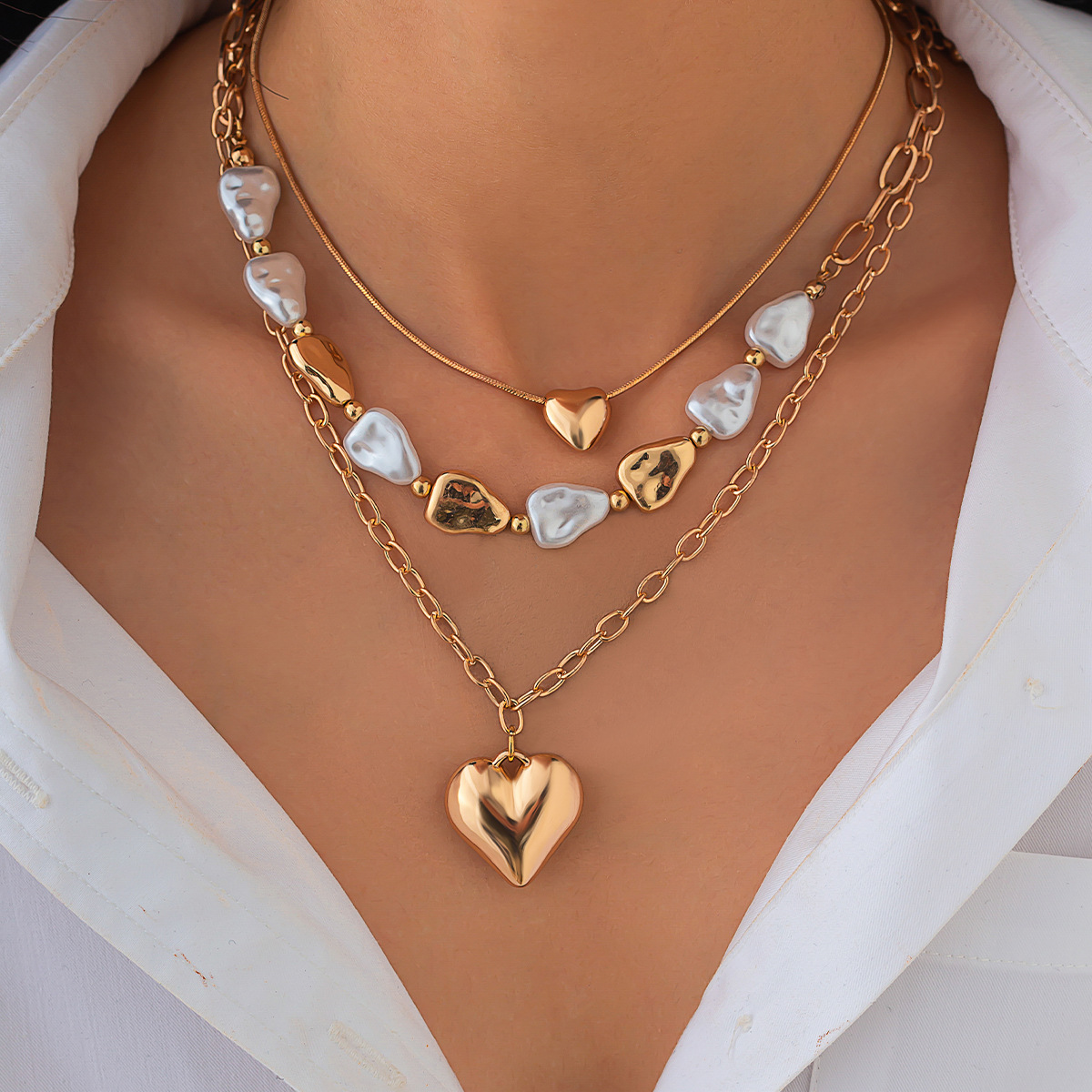Golden Color Heart Detail Multi-Layer Necklace | picture 