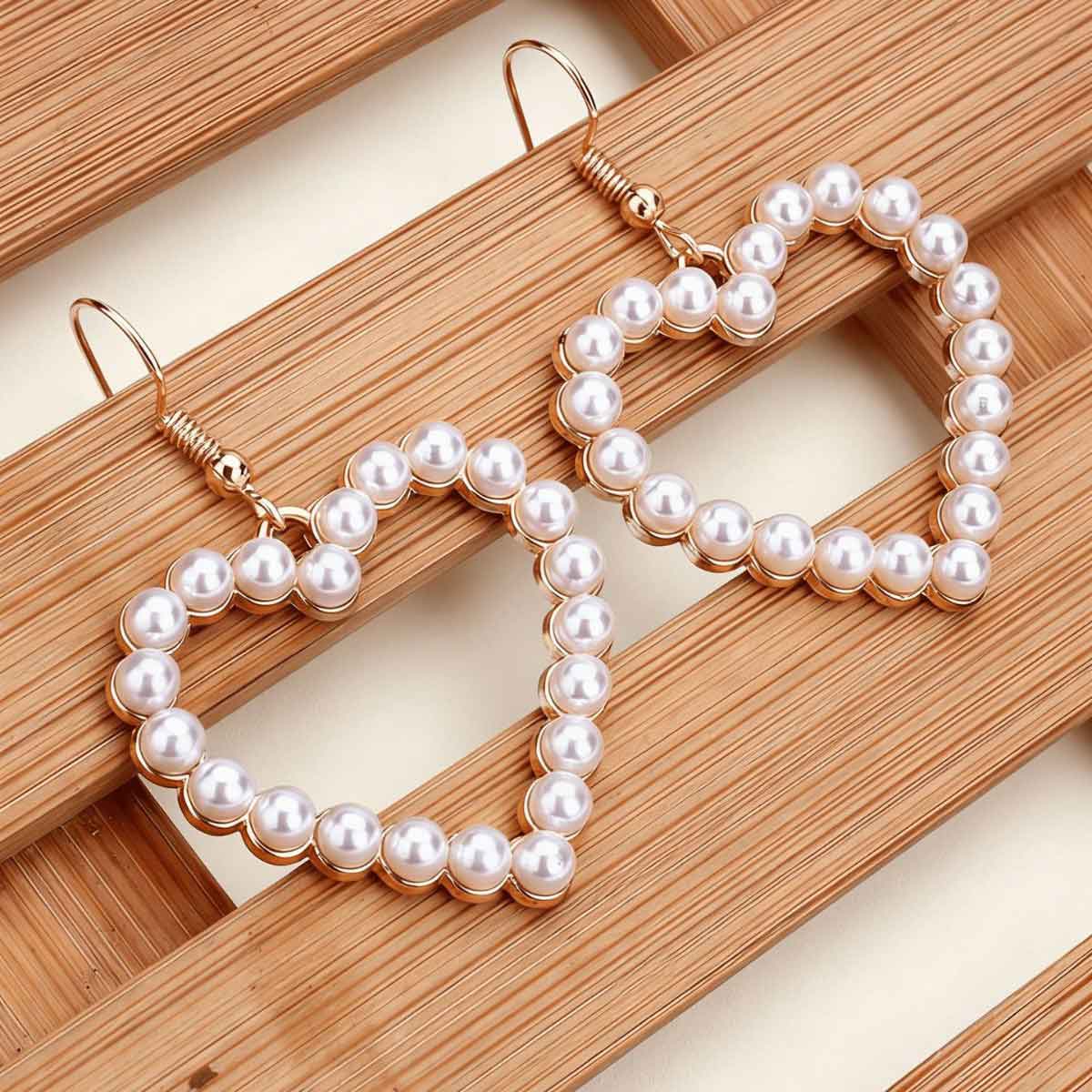 Beige Color Heart Pearl Detail Earrings | picture 
