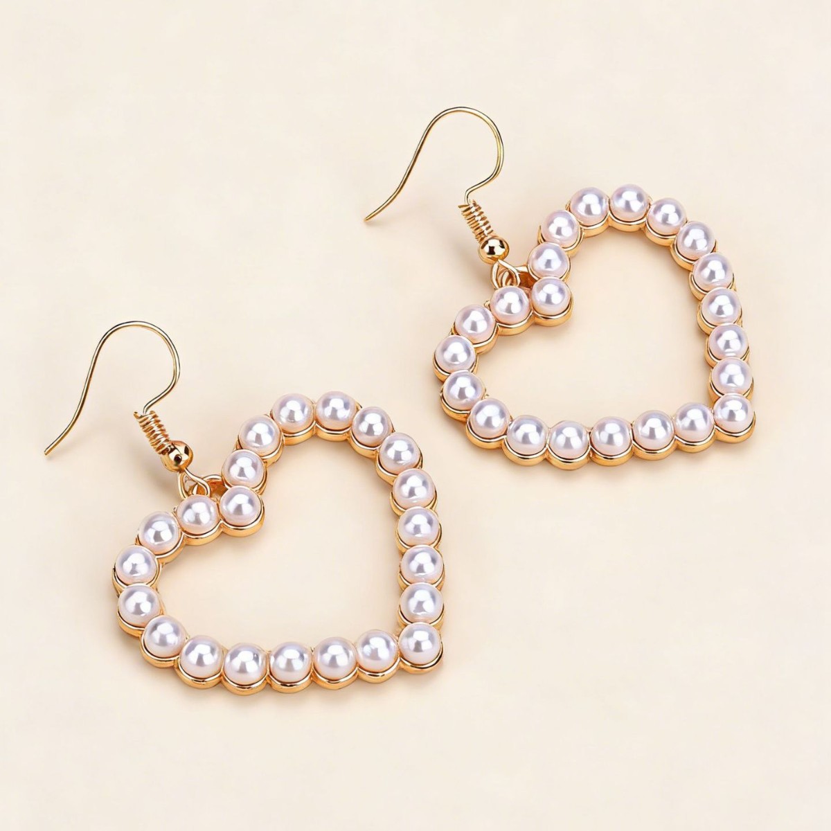 Beige Color Heart Pearl Detail Earrings | picture 