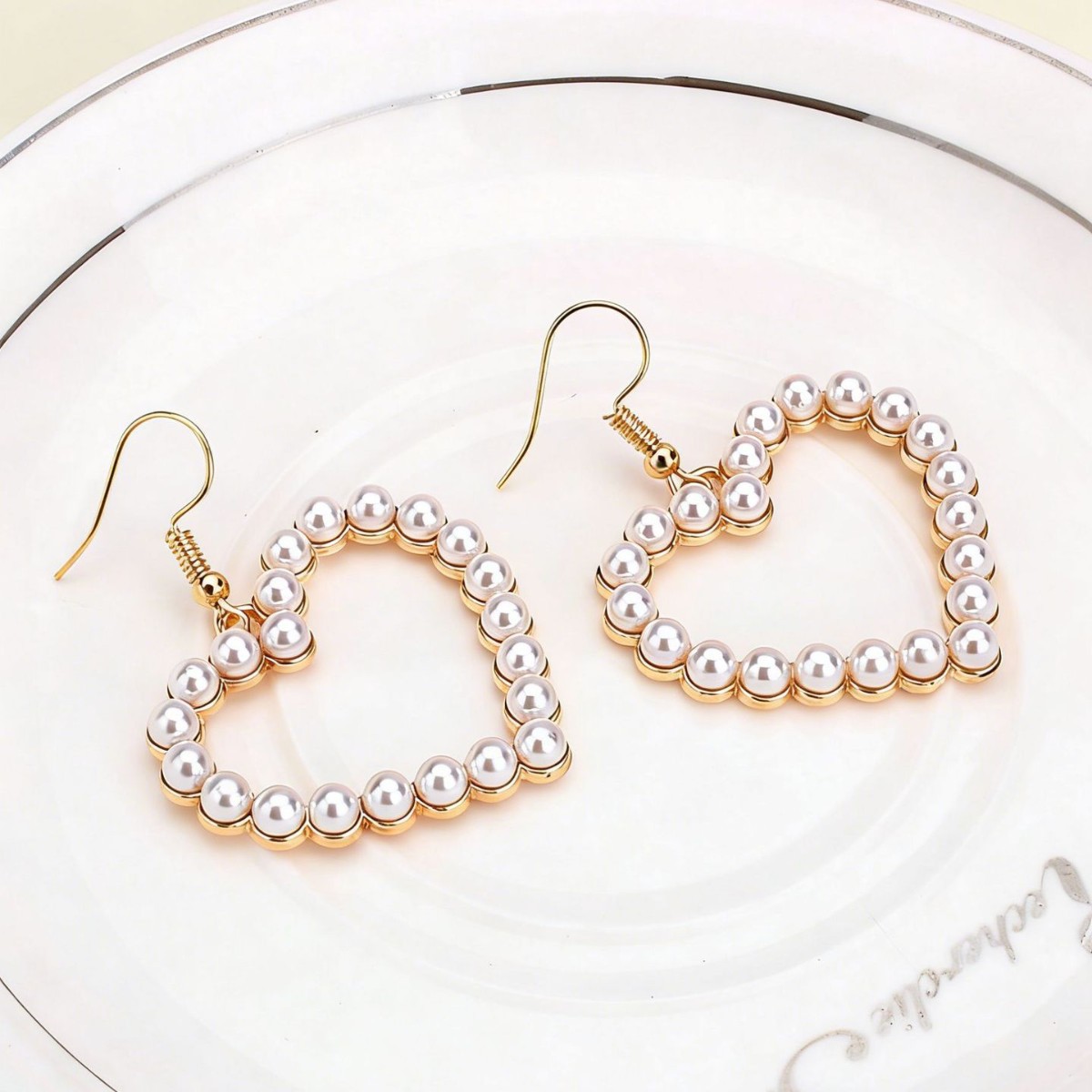 Beige Color Heart Pearl Detail Earrings | picture 