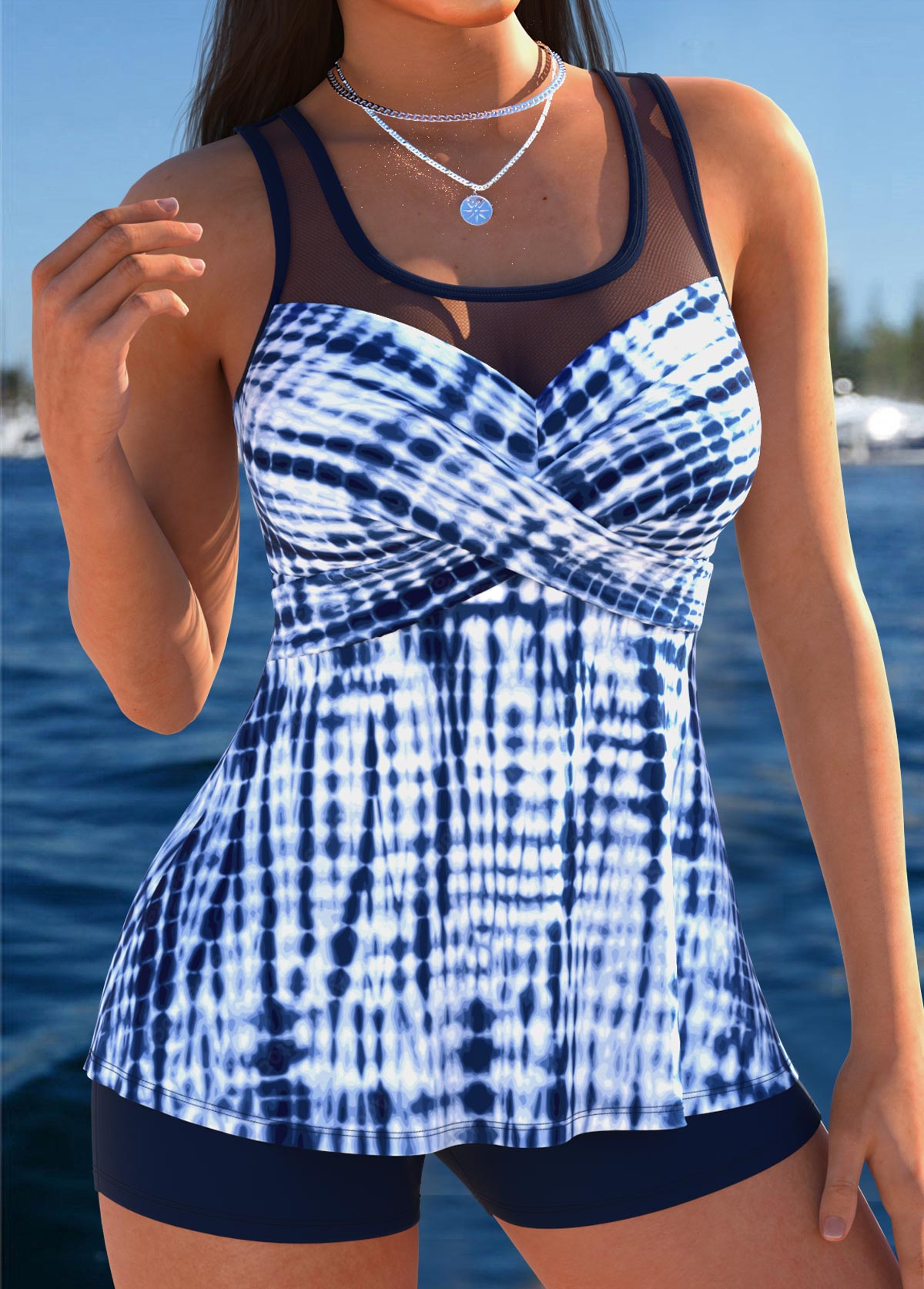 Dark Blue Mid Waisted Tummy Coverage Striped Tankini Set | picture 