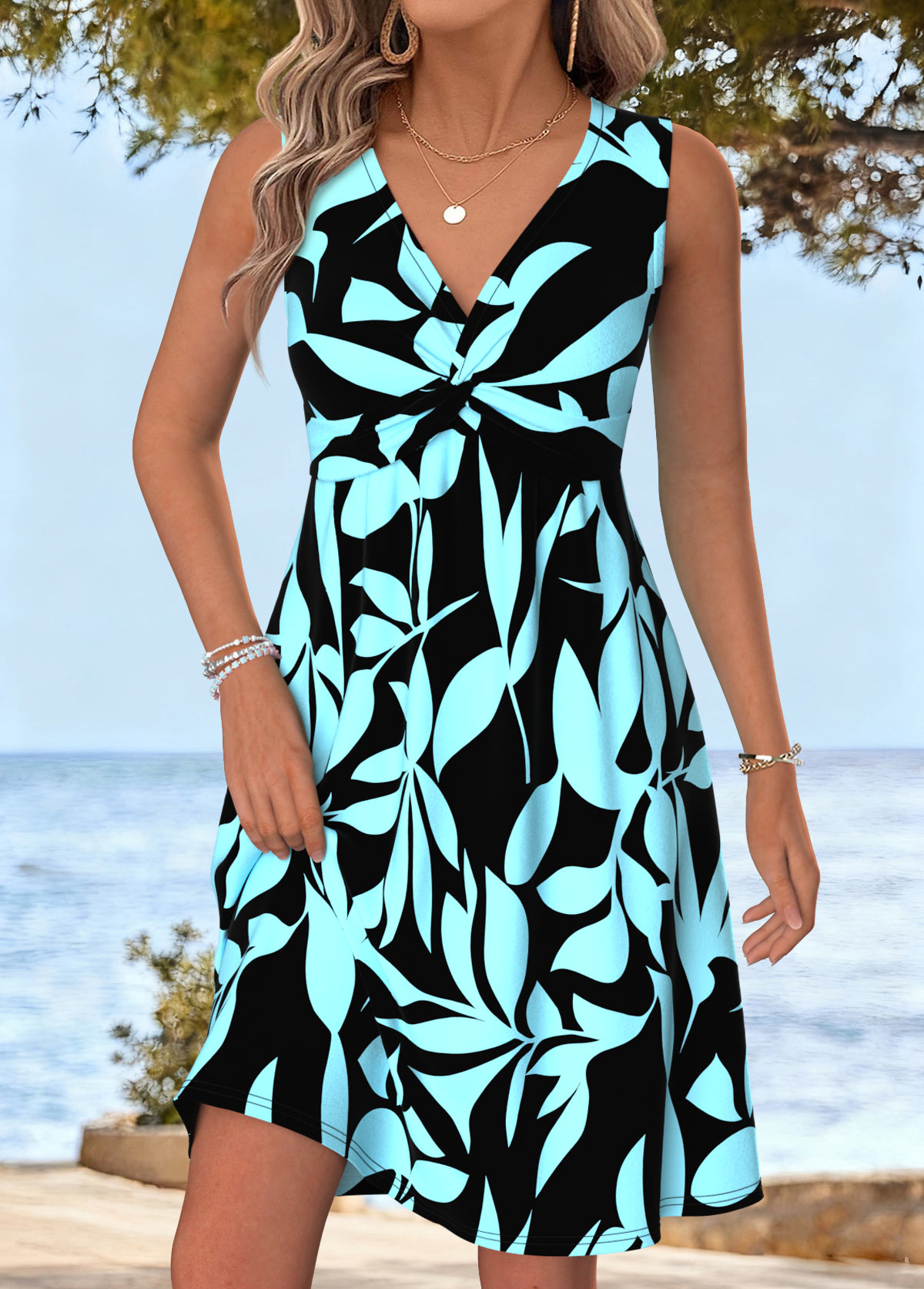 Cyan Leaf Print Short Tummy Coverage Sleeveless Dress | picture 