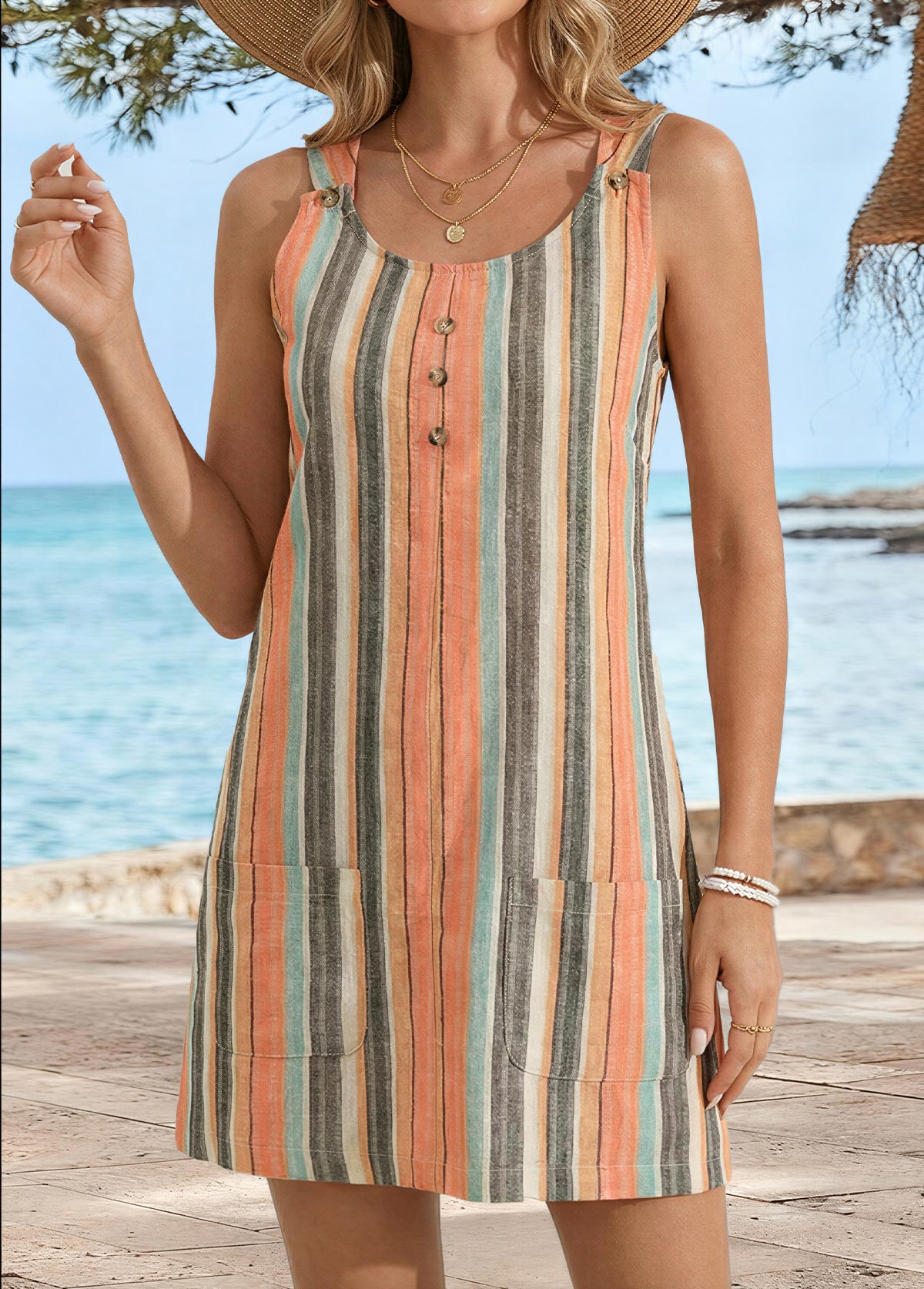 Multi Color Striped Short Patch Pocket Sleeveless Dress | picture 
