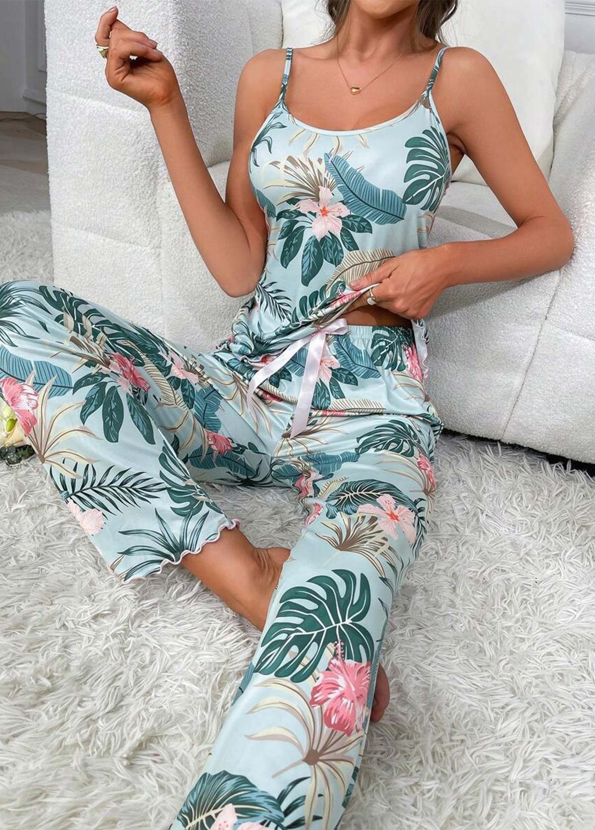 Turquoise Tropical Plants Print Strappy Lounge Top and Pants | picture 