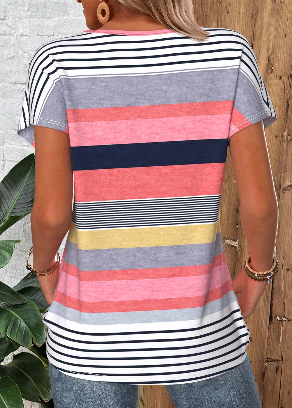 Multi Color Striped Tummy Coverage Short Sleeve T Shirt | picture 