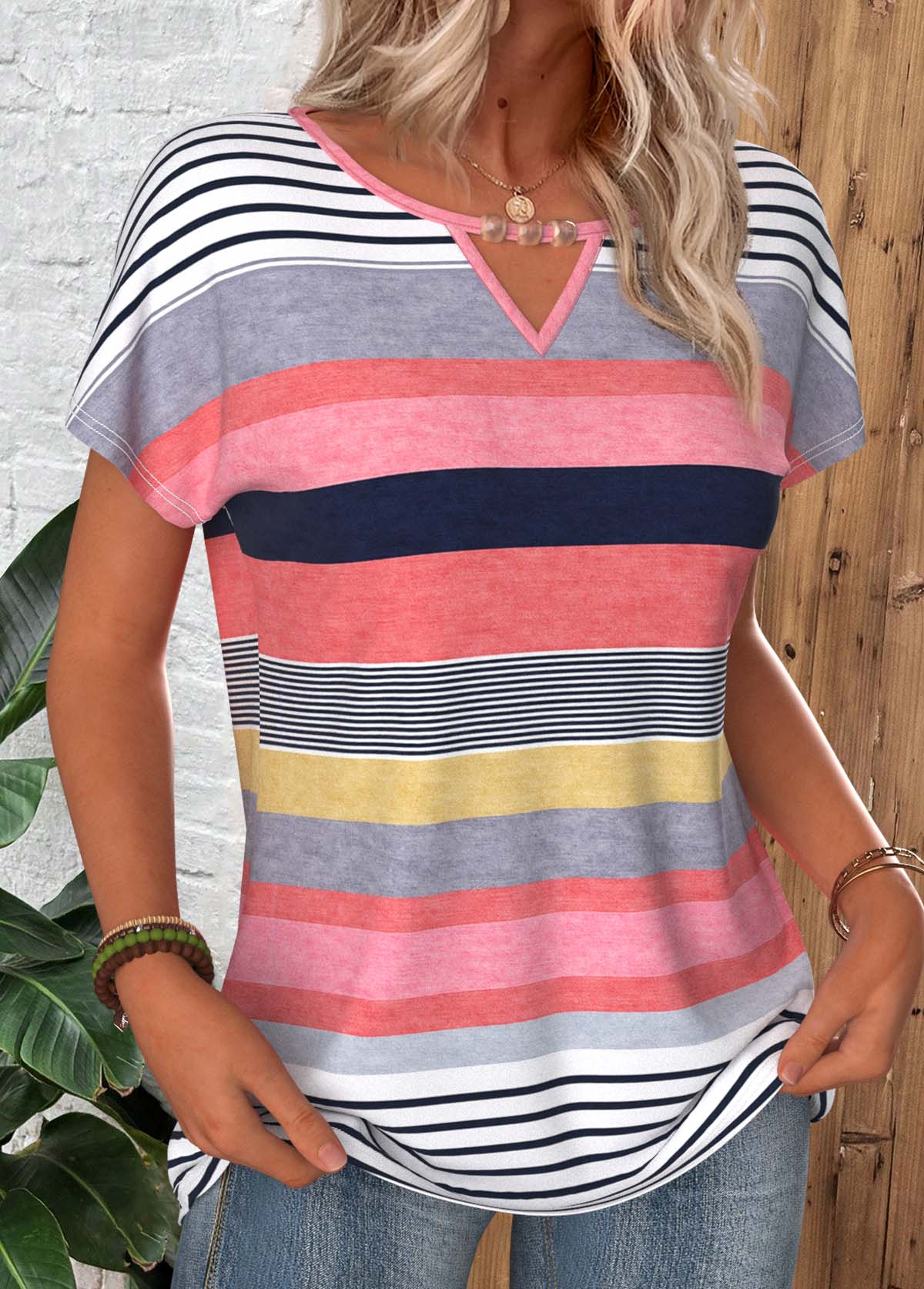 Multi Color Striped Tummy Coverage Short Sleeve T Shirt | picture 