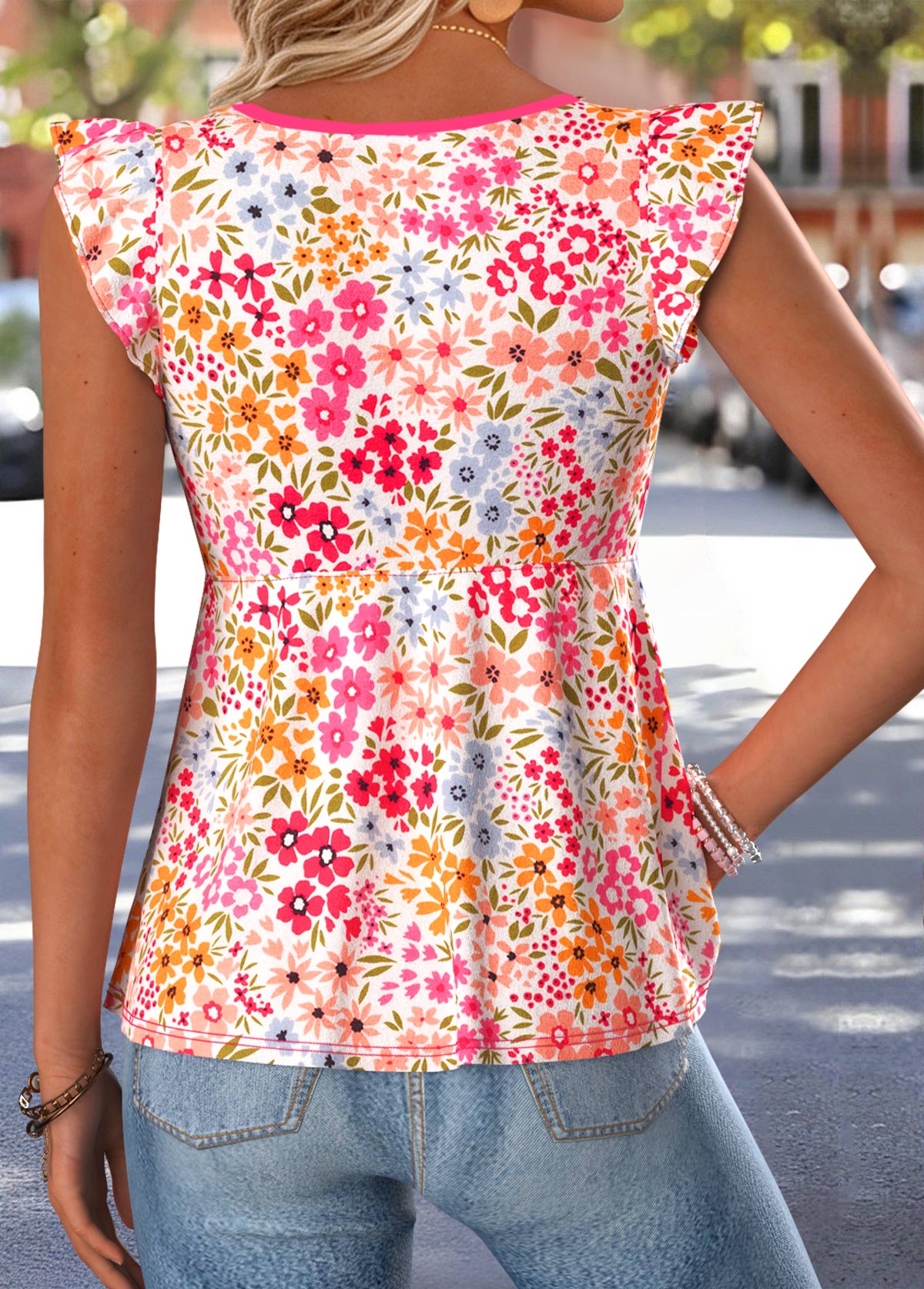 Pink Ditsy Floral Print Peplum Short Sleeve Tank Top | picture 