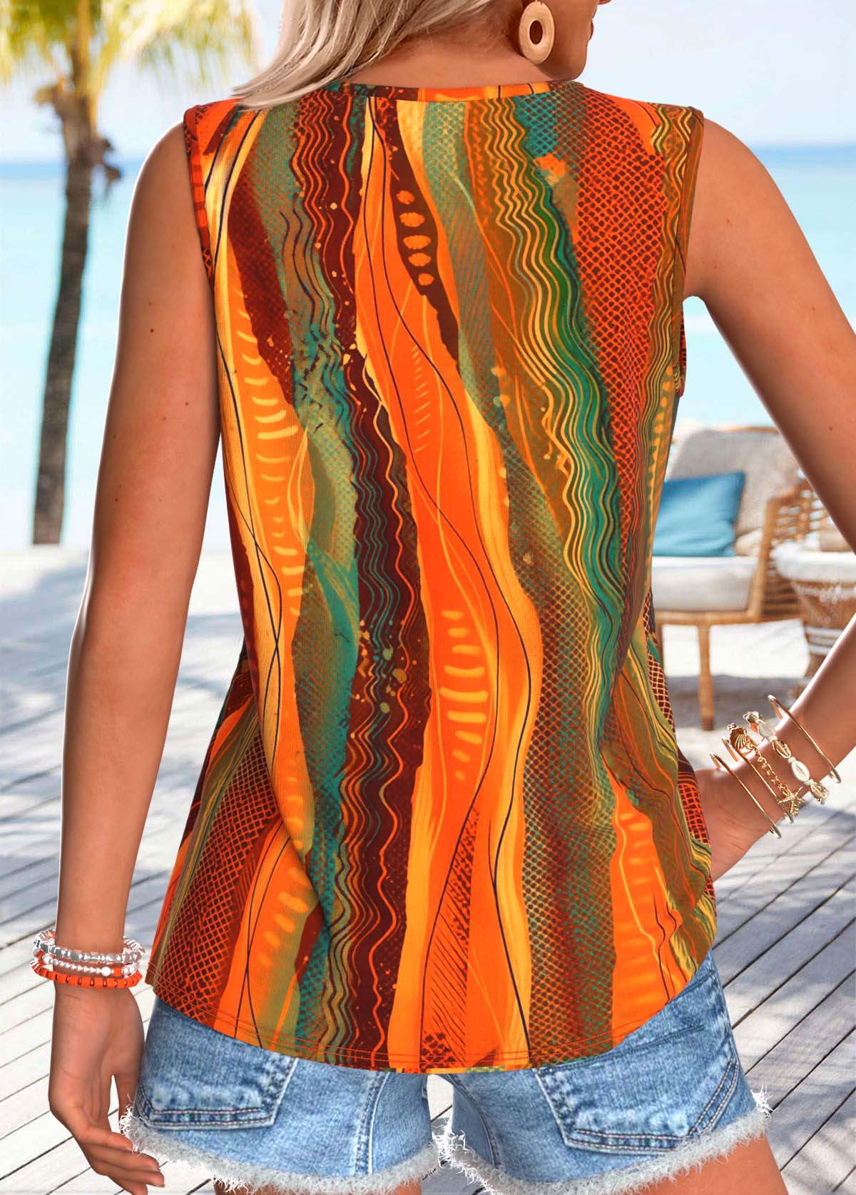 Multi Color Geometric Print Tummy Coverage Sleeveless Tank Top | picture 