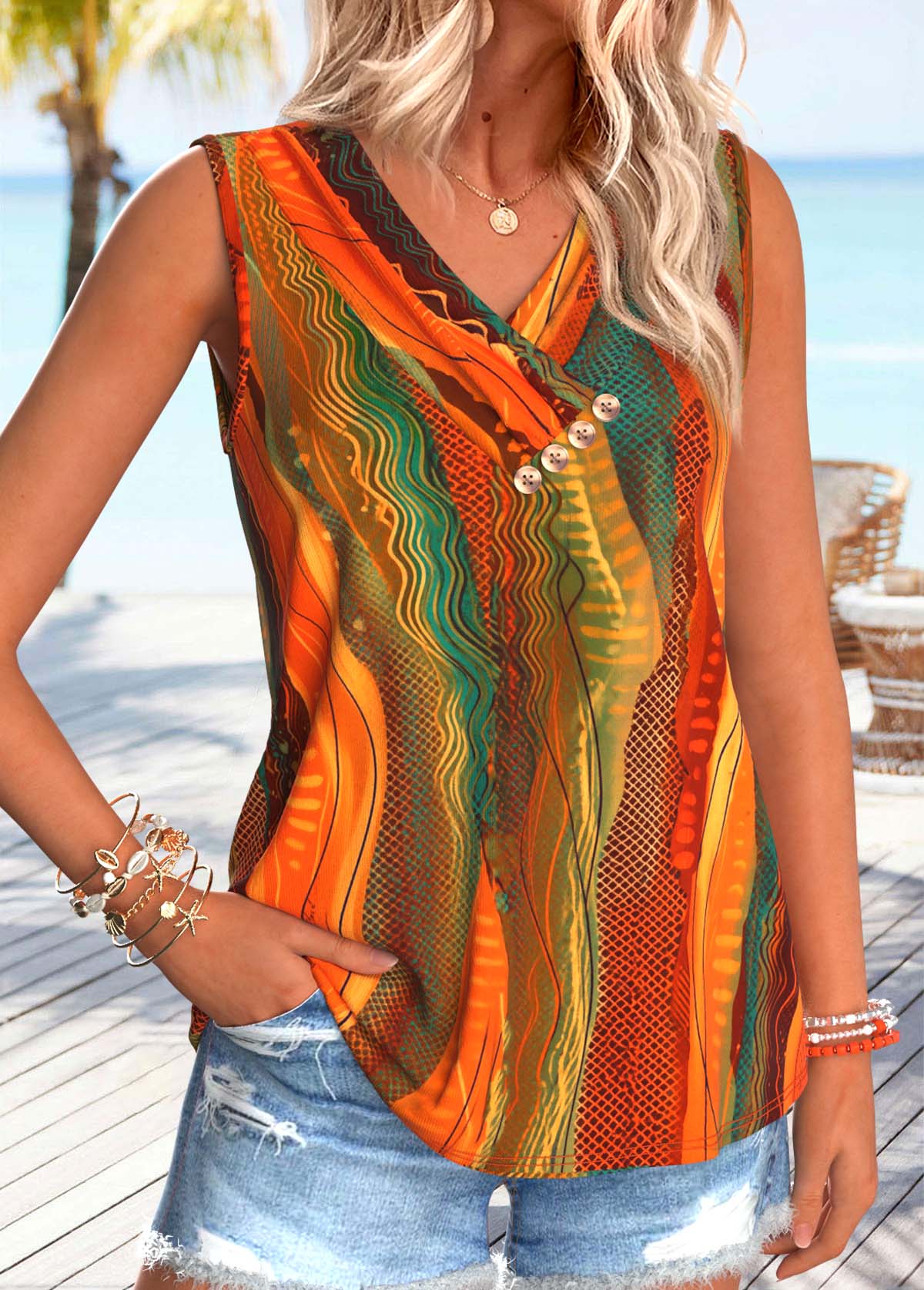 Multi Color Geometric Print Tummy Coverage Sleeveless Tank Top | picture 