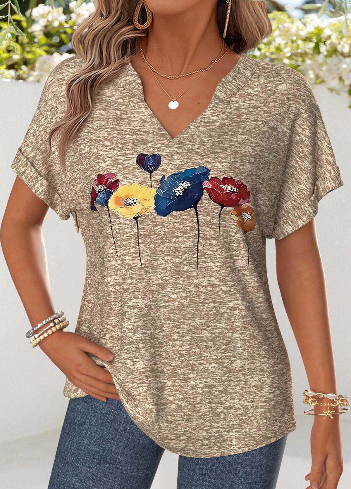 Light Camel Floral Print Tummy Coverage T Shirt | picture 
