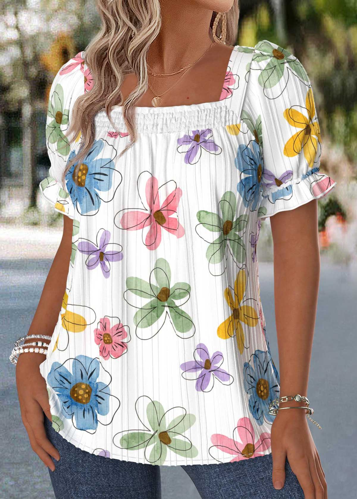 Raw White Floral Print Tummy Coverage T Shirt | picture 