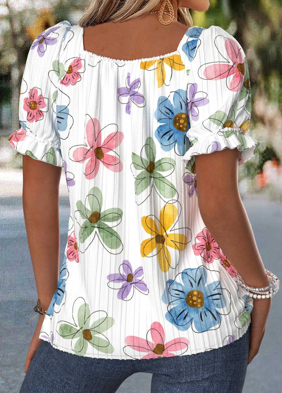 Raw White Floral Print Tummy Coverage T Shirt | picture 